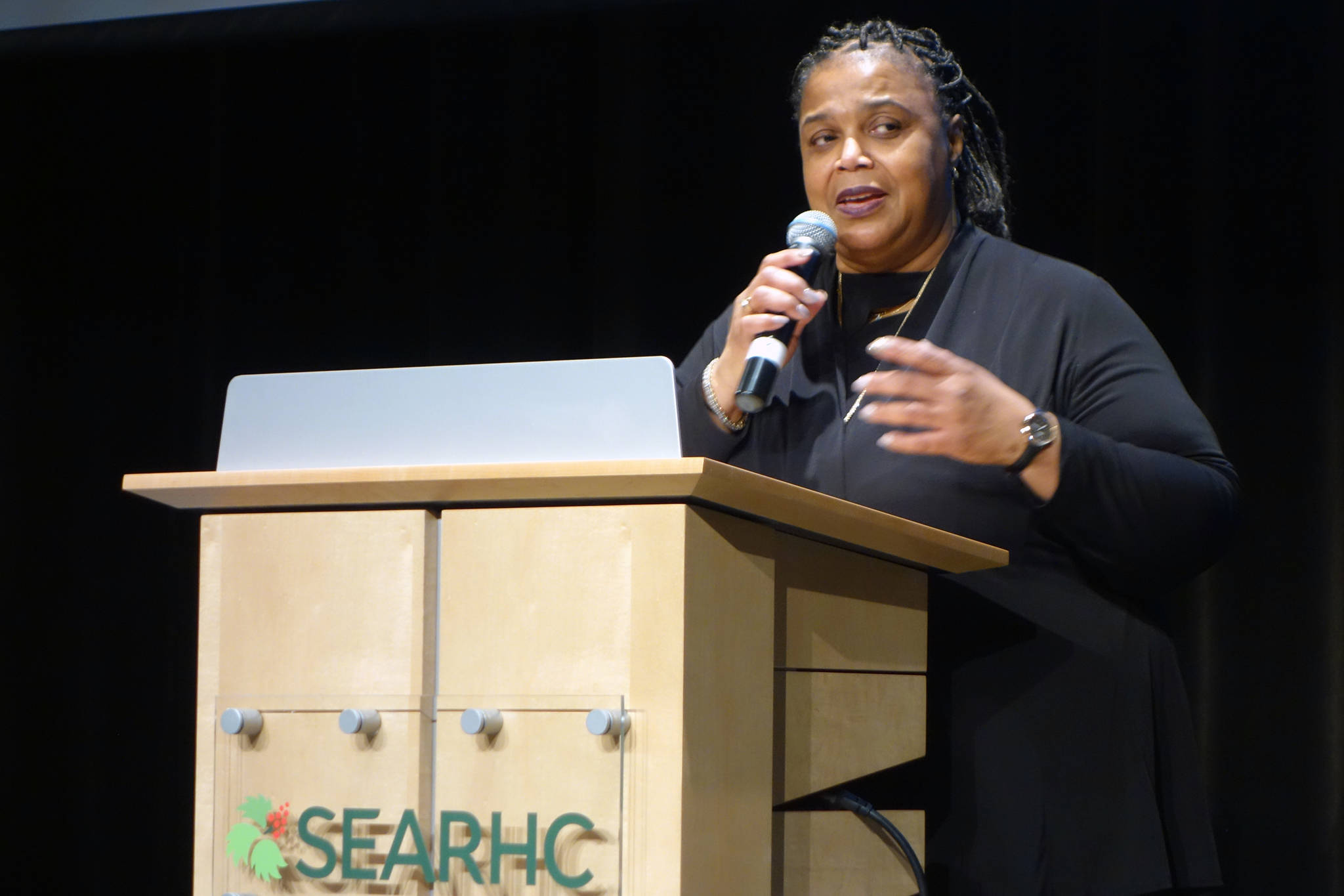 Sherry Patterson; SEARHC Executive Office Manager and ROAR Conference Chair; speaks at last year’s Reclaim Own and Renew Women’s Conference. (Ben Hohenstatt | Juneau Empire File)