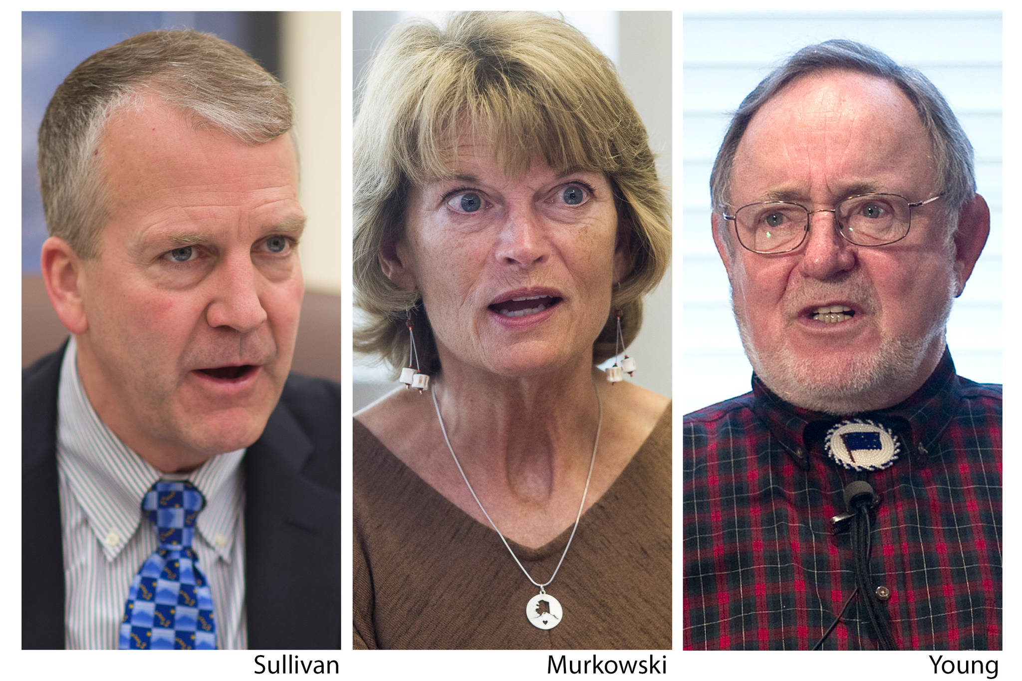 Alaska’s congressional delegation, from left to right: Sens. Dan Sullivan, Lisa Murkowski and Rep. Don Young, all Republicans.