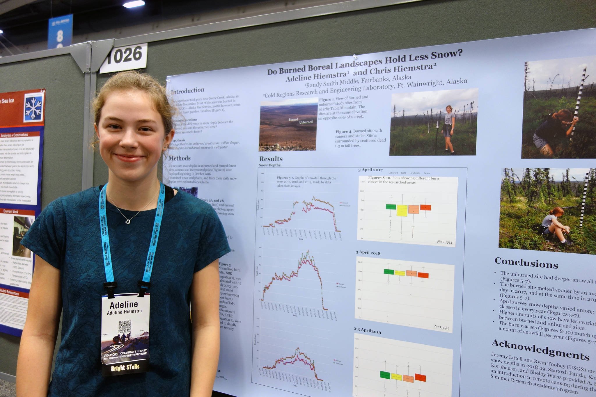 Adeline Hiemstra, a 14-year-old eighth grader at Randy Smith Middle School in Fairbanks, presented at the massive American Geophysical Union Fall Meeting in December 2019 in San Francisco. (Ned Rozell | For the Juneau Empire)