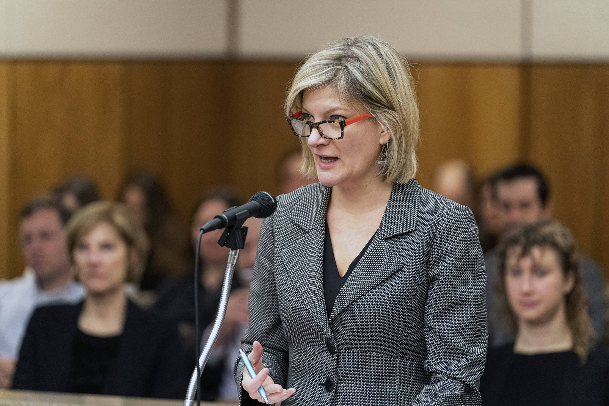 Former Alaska Attorney General Jahna Lindemuth argues on behalf of the Recall Dunleavy campaign Frida in Alaska Superior Court. Judge Eric Aarseth ruled that an effort to recall Gov. Mike Dunleavy may proceed, a decision that is expected to be appealed. (Loren Holmes | Anchorage Daily News via AP)