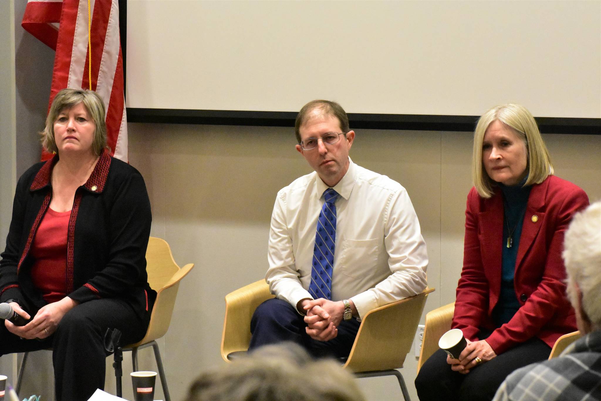 Rep. Sara Hannan, left, Sen. Jesse Kiehl and Rep. Andi Story, Juneau’s all-Democrat legislative delegation, takes questions at a town hall at the Mendenhall Valley Public Library on Wednesday, Jan. 15, 2020. (Peter Segall | Juneau Empire)