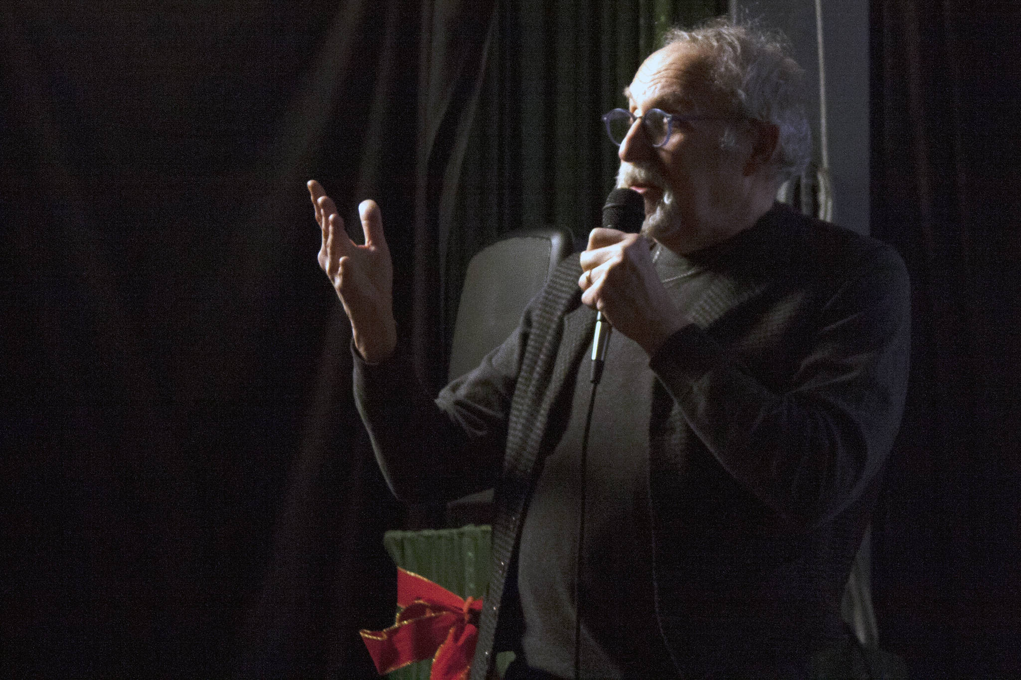 David George Gordon, a public speaker, naturalist and author known as the Bug Chef, speaks at the Gold Town Theater during a Science On Screen event Saturday, Jan. 18, 2020. (Ben Hohenstatt | Juneau Empire)