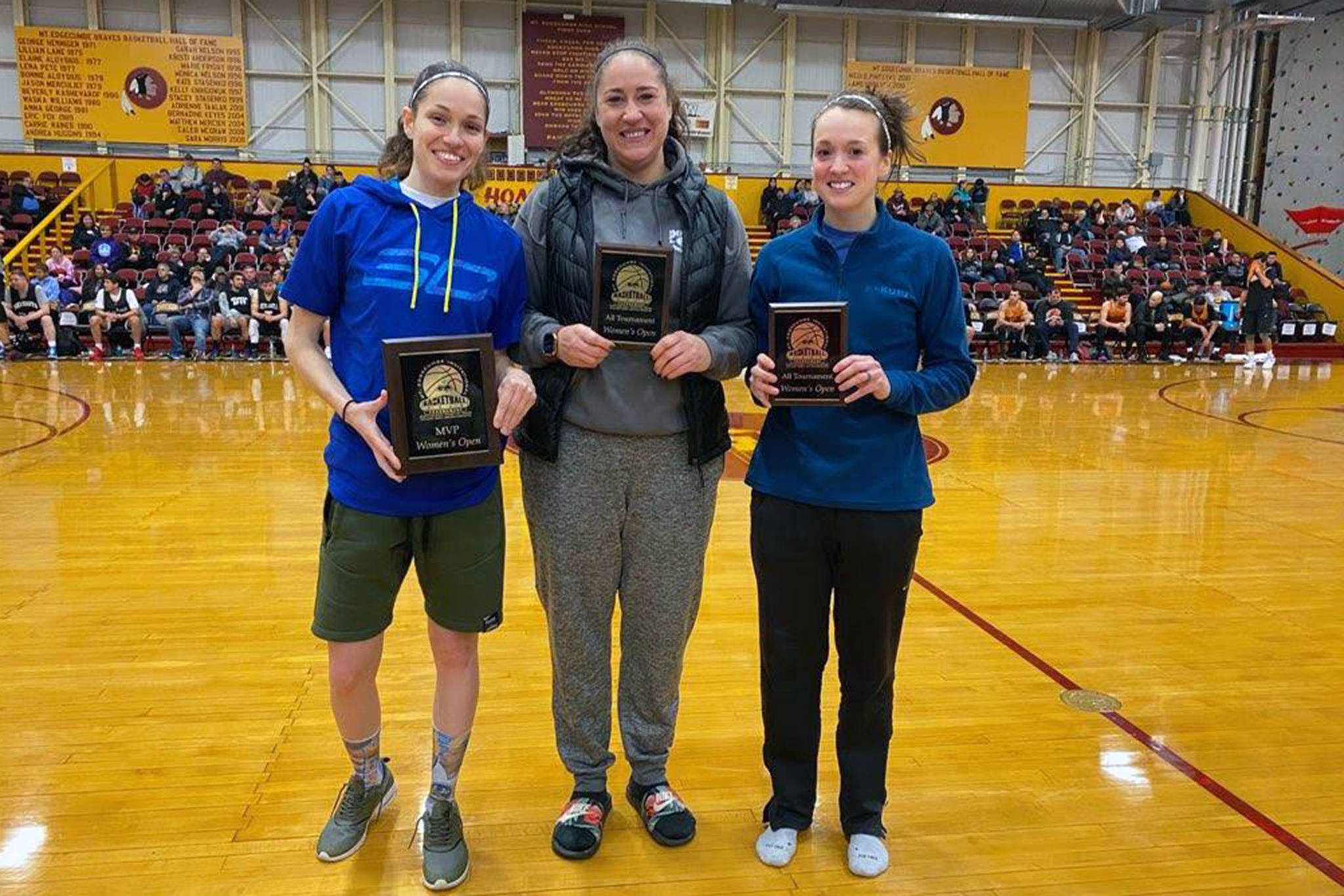 Mariah Simpkins, Danielle Larson and Nani Weimer hold their all-tournament plaques after the Mt. Edgecumbe Invitational. (Courtesy Photo | Juneau Monstarz)