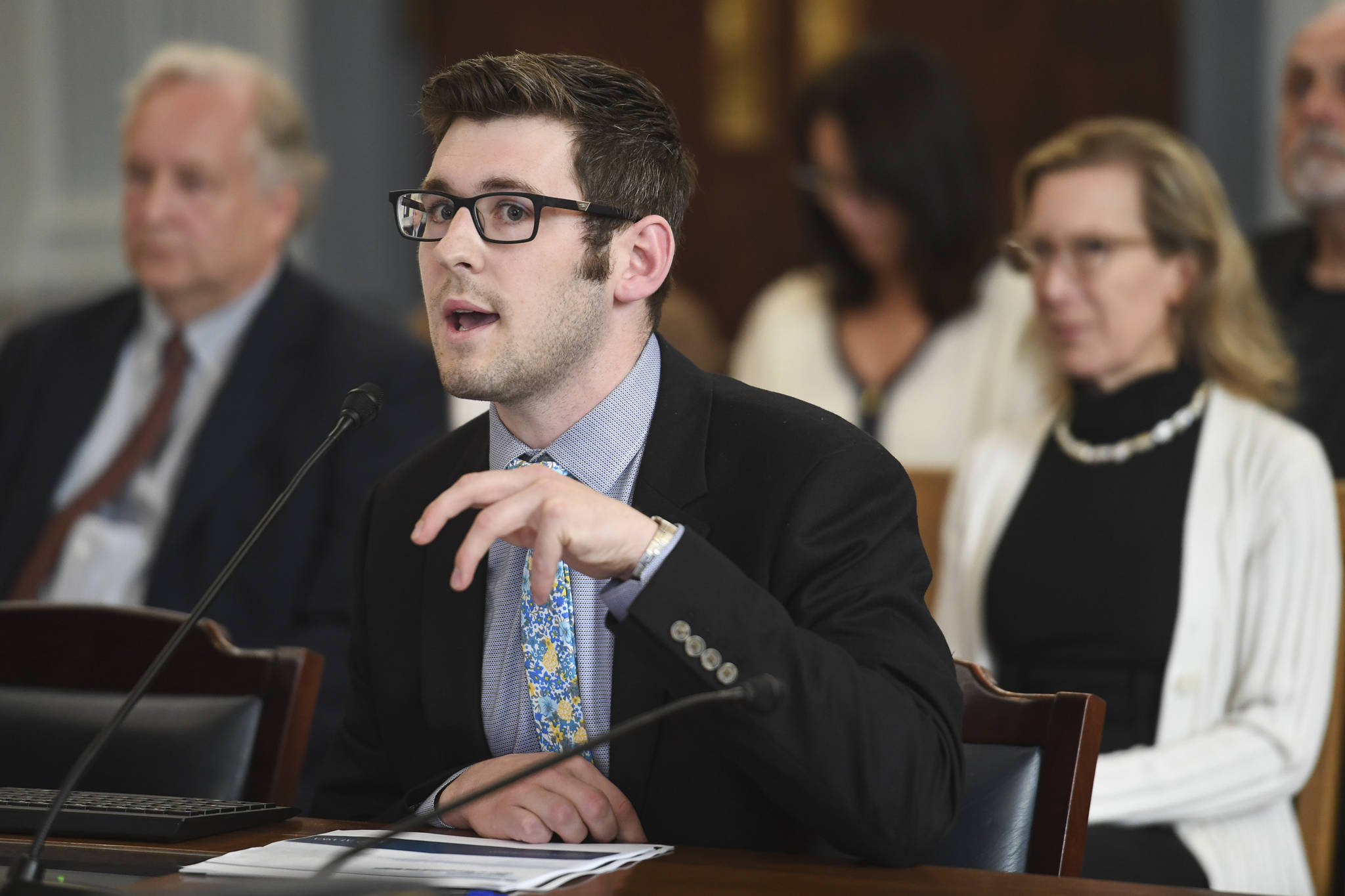 Neil Steininger, then-Administrative Services Director for the Office of Management and Budget, explains how the office performs sweeps of unspent money in various government accounts during a Senate Finance meeting at the Capitol in July 2019. Gov. Mike Dunleavy Monday named Steininger director of OMB. (Michael Penn | Juneau Empire File)