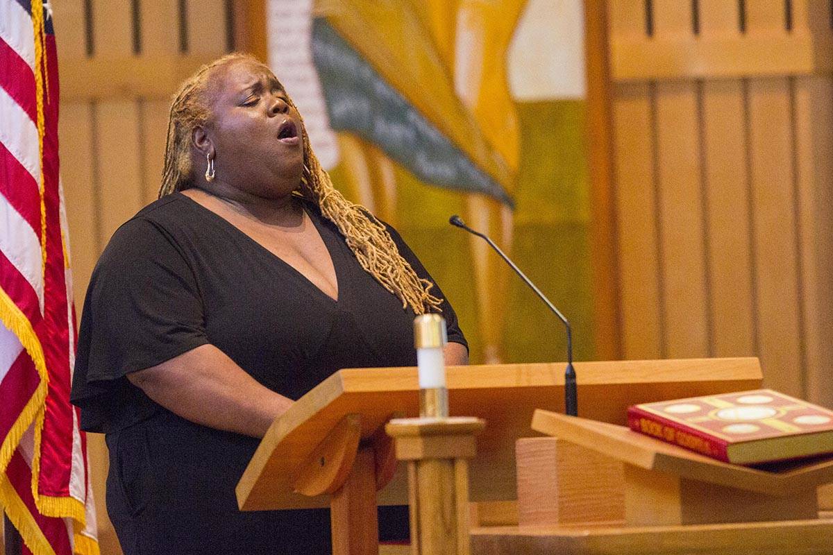 Jocelyn Miles sings a solo during a Martin Luther King Jr. Day community celebration held at St. Paul’s Catholic Church on Jan. 20, 2020. (Michael S. Lockett | Juneau Empire)