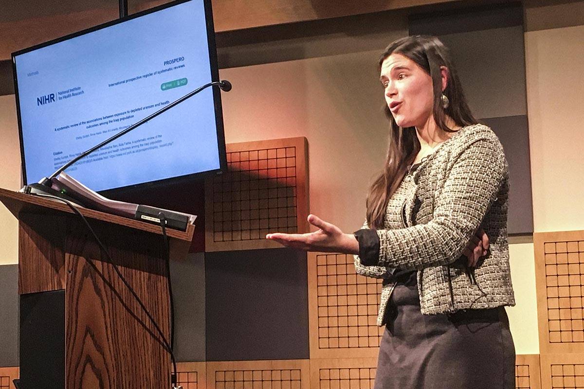Shelby Surdyk gives a presentation on the health effects of depleted uranium ammunition on people in Iraq at KTOO Studios on Thursday. (Michael S. Lockett | Juneau Empire)