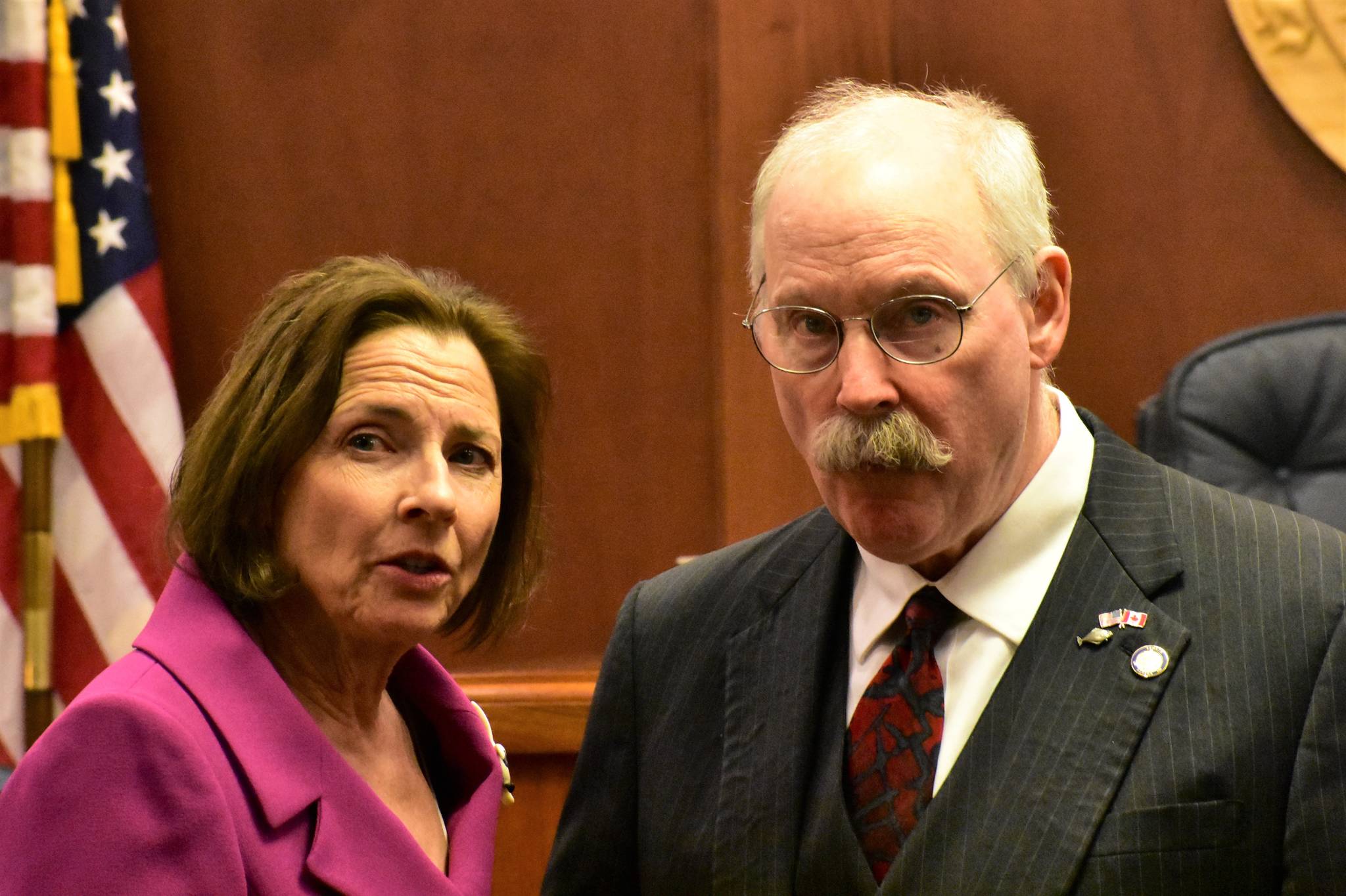 Senate President Cathy Giessel, R-Anchorage, and Sen. Bert Stedman, R-Sitka, talk before the first floor session of the year on Tuesday, Jan. 21, 2020. (Peter Segall | Juneau Empire)