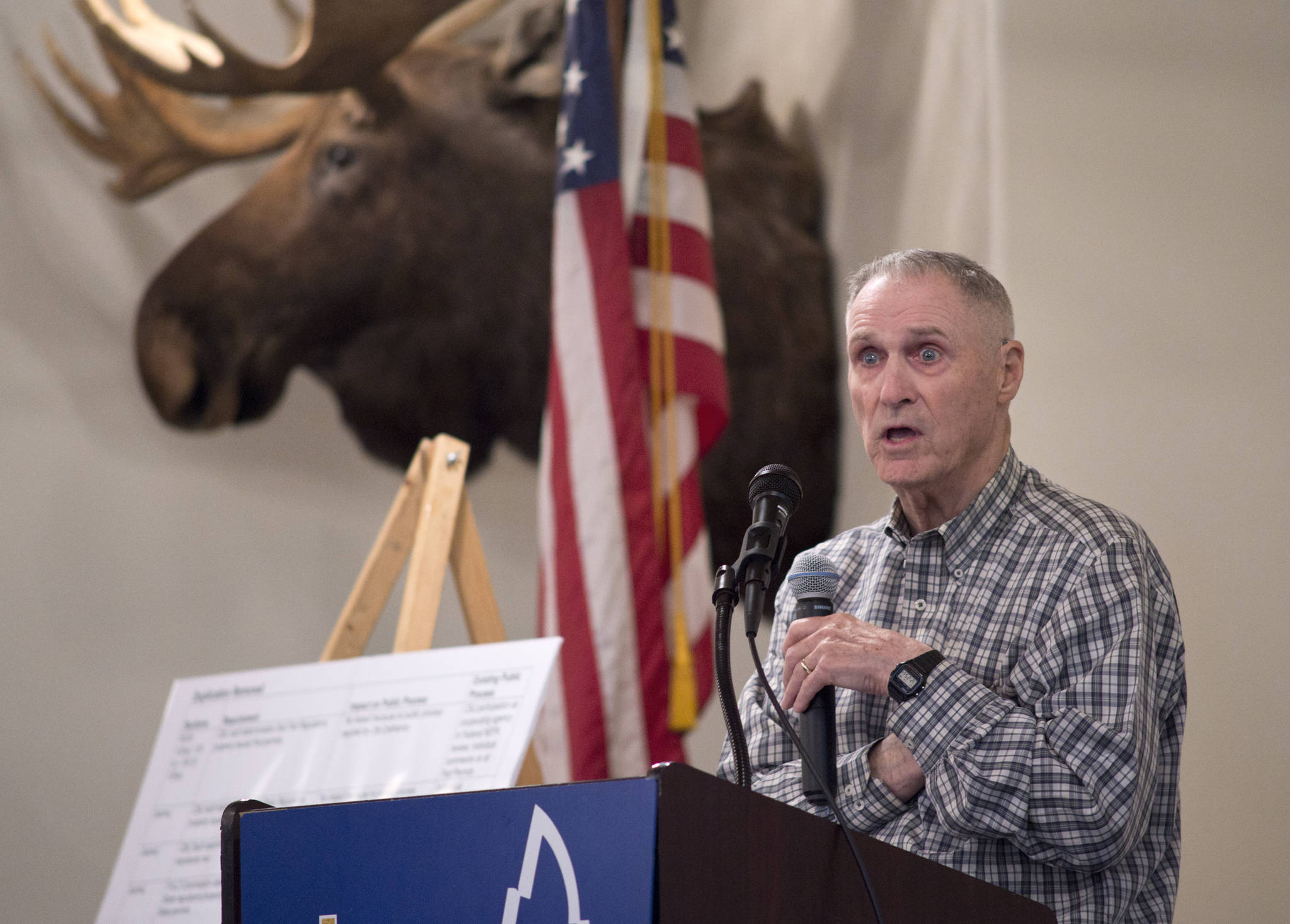 Long-time resident and local businessman Bill Corbus speaks to the Juneau Chamber of Commerce during their weekly luncheon in May 2017. Corbus will speak to the chamber about taxing the oil industry. (Michael Penn | Juneau Empire File)
