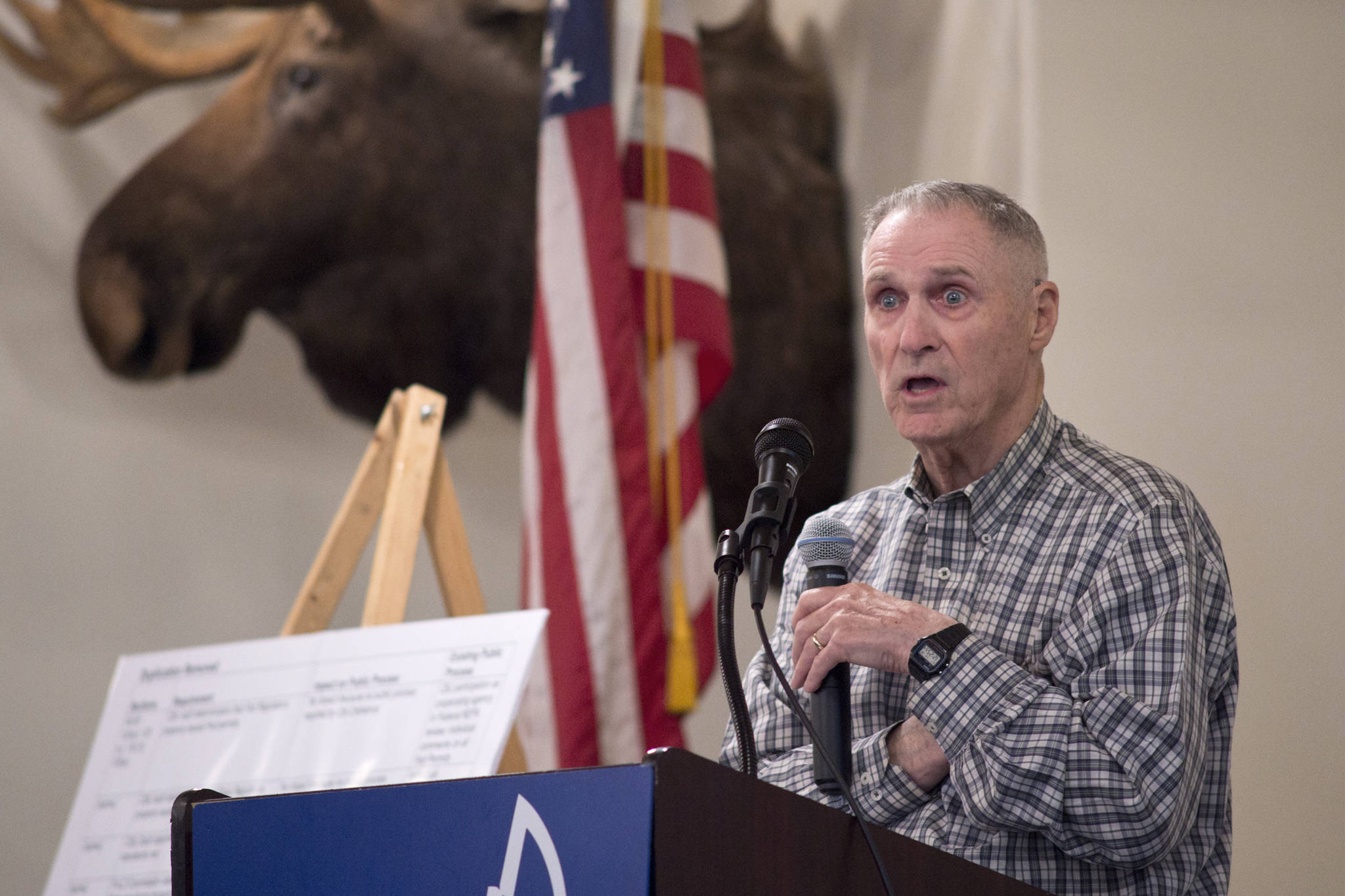 Long-time resident and local businessman Bill Corbus speaks to the Juneau Chamber of Commerce during their weekly luncheon in May 2017. Corbus will speak to the chamber about taxing the oil industry. (Michael Penn | Juneau Empire File)