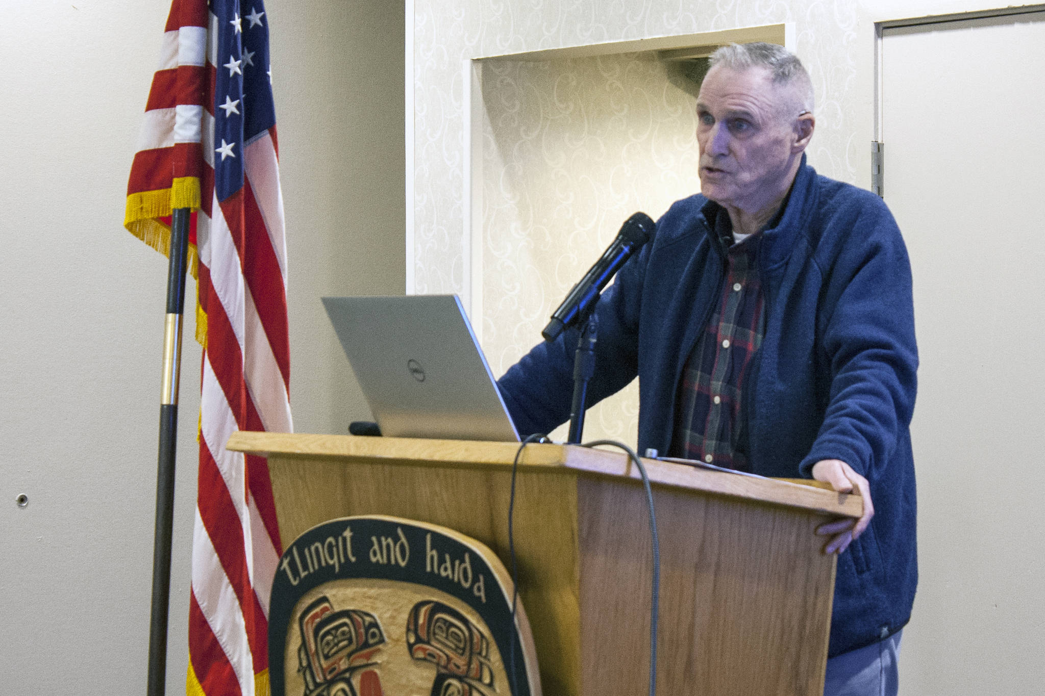 Bill Corbus, former revenue commissioner and past president of Alaska Electric Light and Power Company, speaks Thursday at a Greater Juneau Chamber of Commerce meeting at Elizabeth Peratrovich Hall. (Ben Hohenstatt | Juneau Empire)