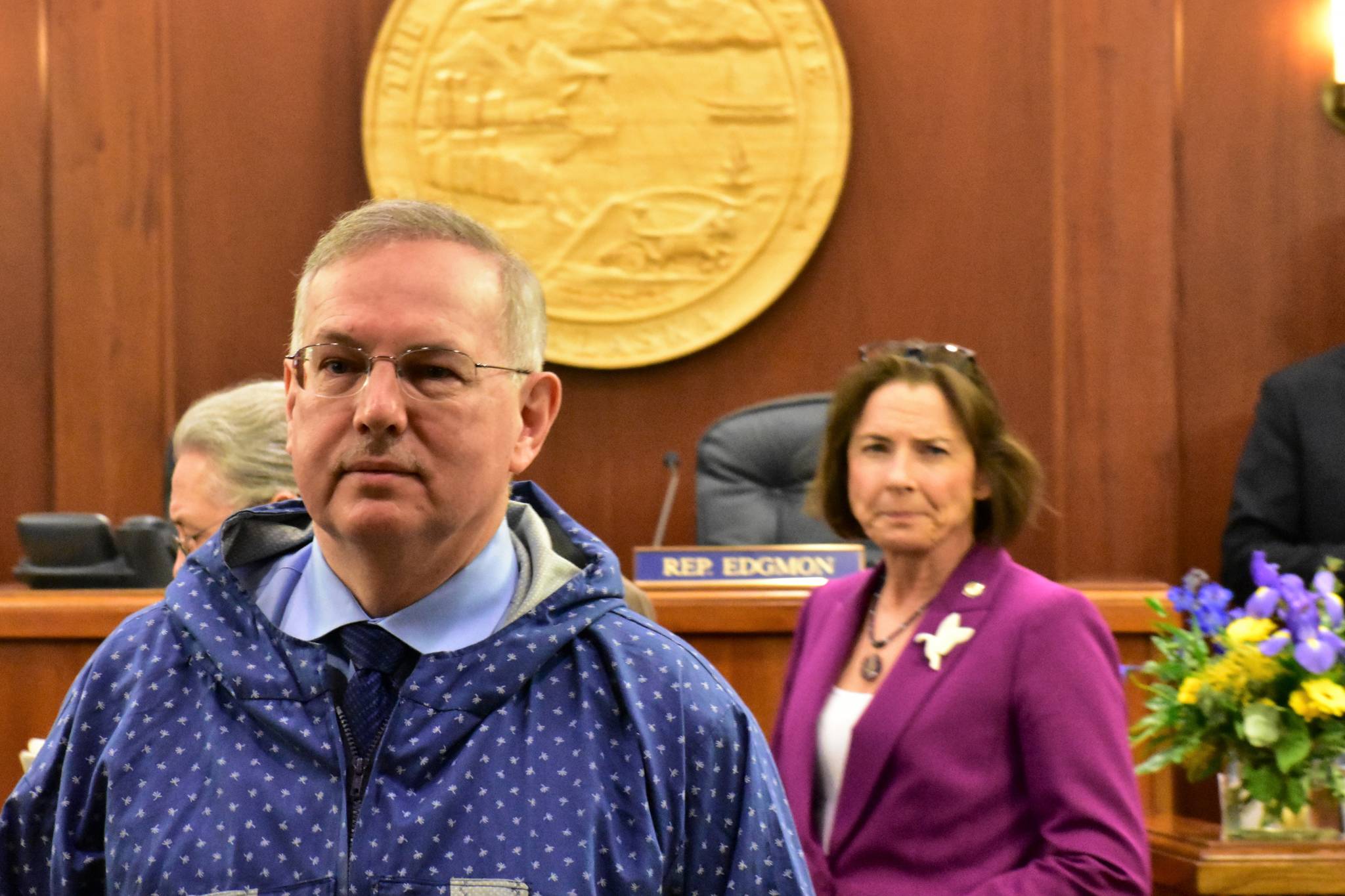 House Speaker Bryce Edgmon, I-Dillingham, and Senate President Cathy Giessel, R-Anchorage, in the House Chambers before a joint session on Friday, Jan. 24, 2020. (Peter Segall | Juneau Empire)