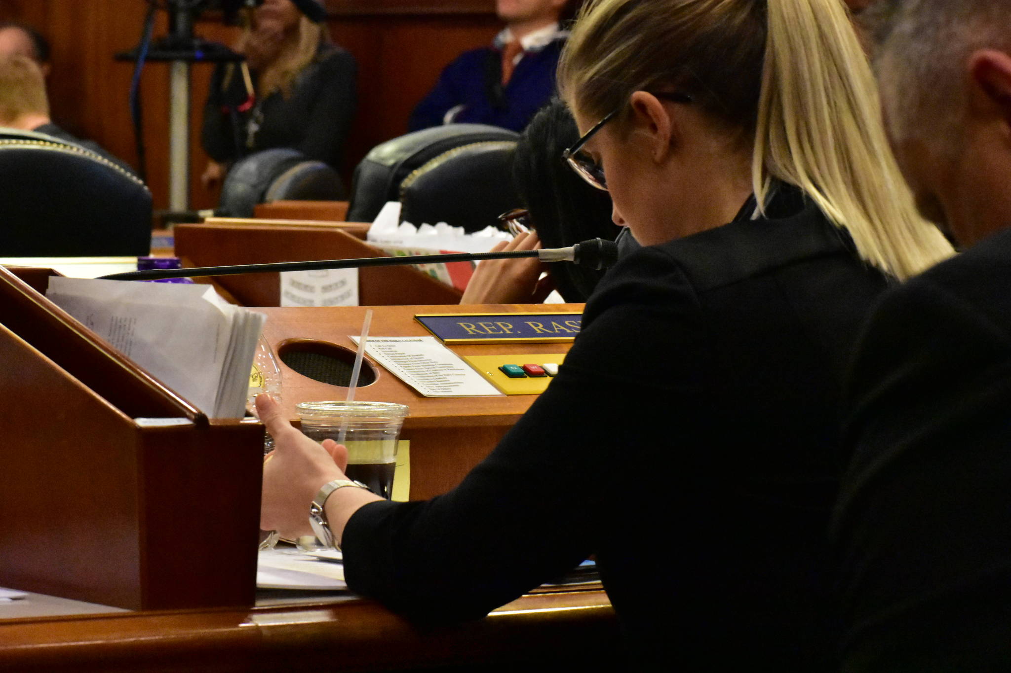 Rep. Sara Rasmussen, R-Anchorage, plays with a stress toy during the third hour of the joint session on Friday, Jan. 24, 2020. (Peter Segall | Juneau Empire)