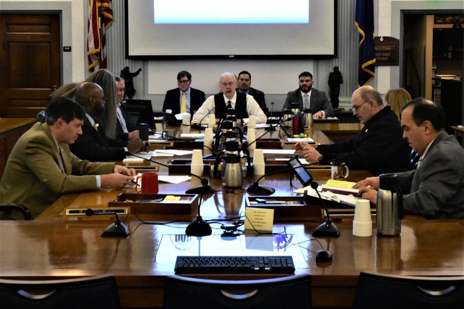 Senate Finance Committee Chairman Sen. Bert Stedman, R-Sitka, sits at the head of the table at a committee meeting on Thursday, Jan. 23, 2020. (Peter Segall | Juneau Empire)