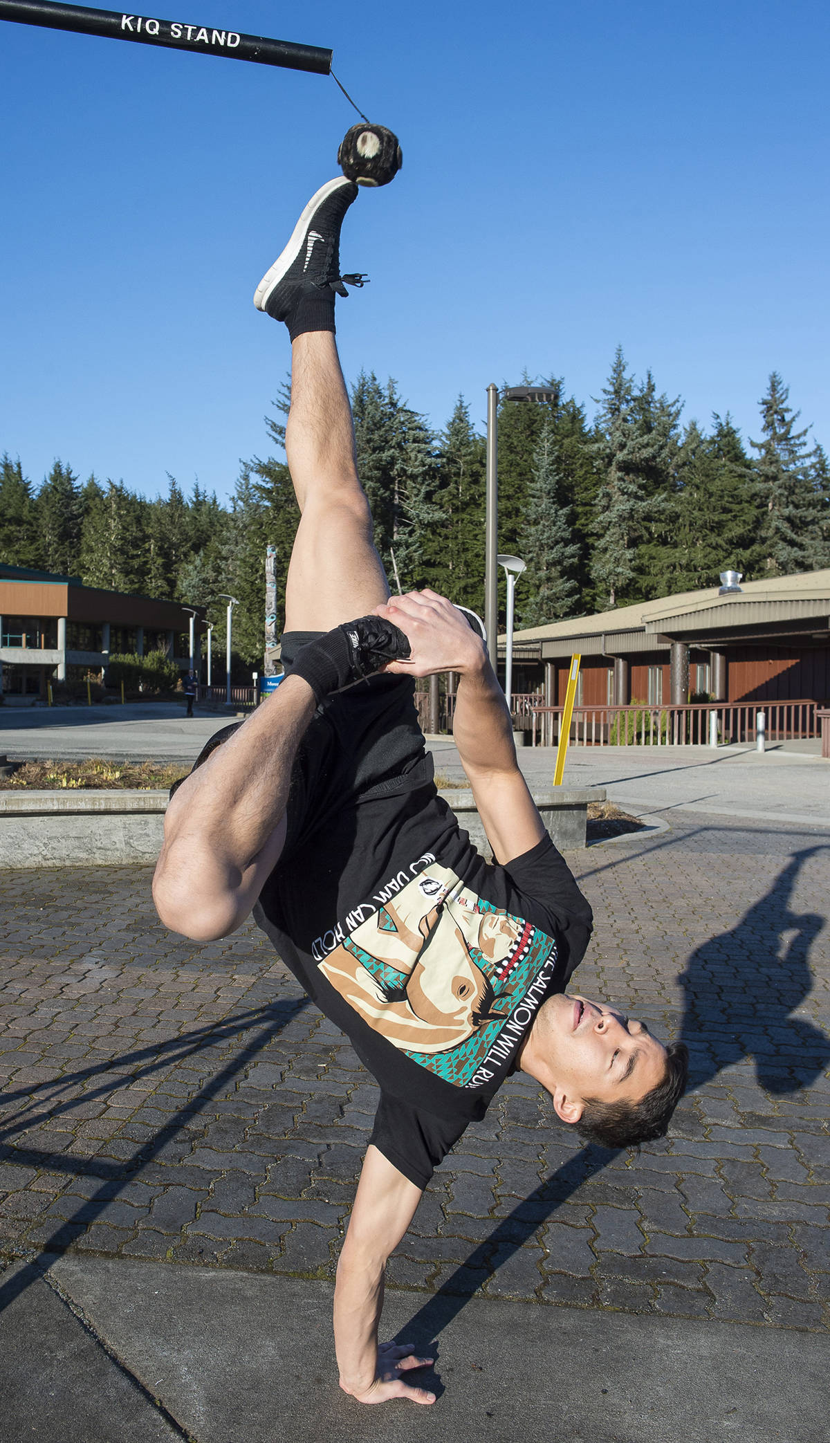 Michael Penn | Juneau Empire File                                 Kyle Worl demonstrates the Alaskan high kick while at the University of Alaska Southeast campus on Tuesday, Nov. 7, 2017.