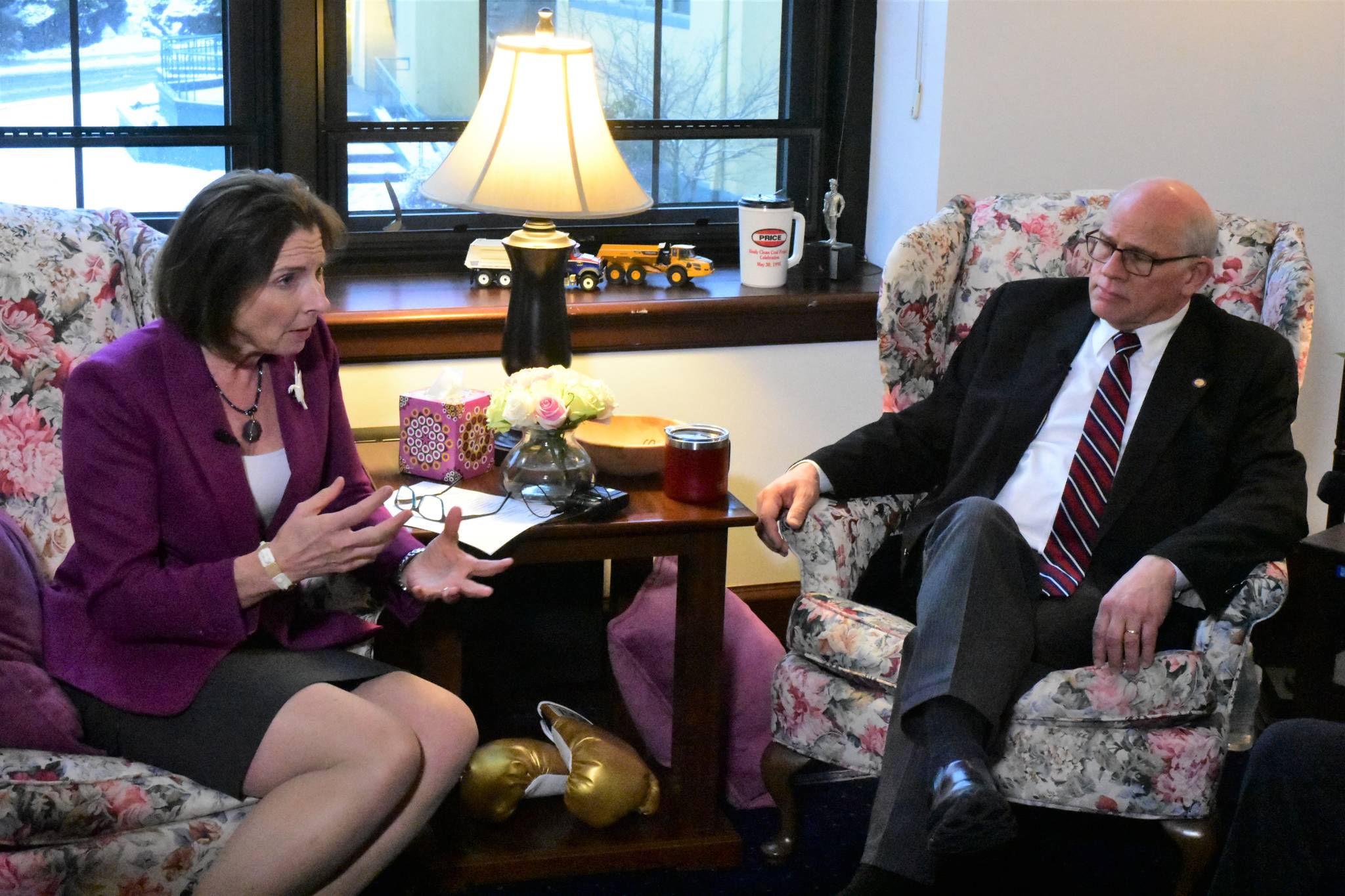 Senate President Cathy Giessel, R-Anchorage, and Sen. John Coghill, R-North Pole, meet with reporters in Giessel’s office following the joint session on Friday. (Peter Segall | Juneau Empire)