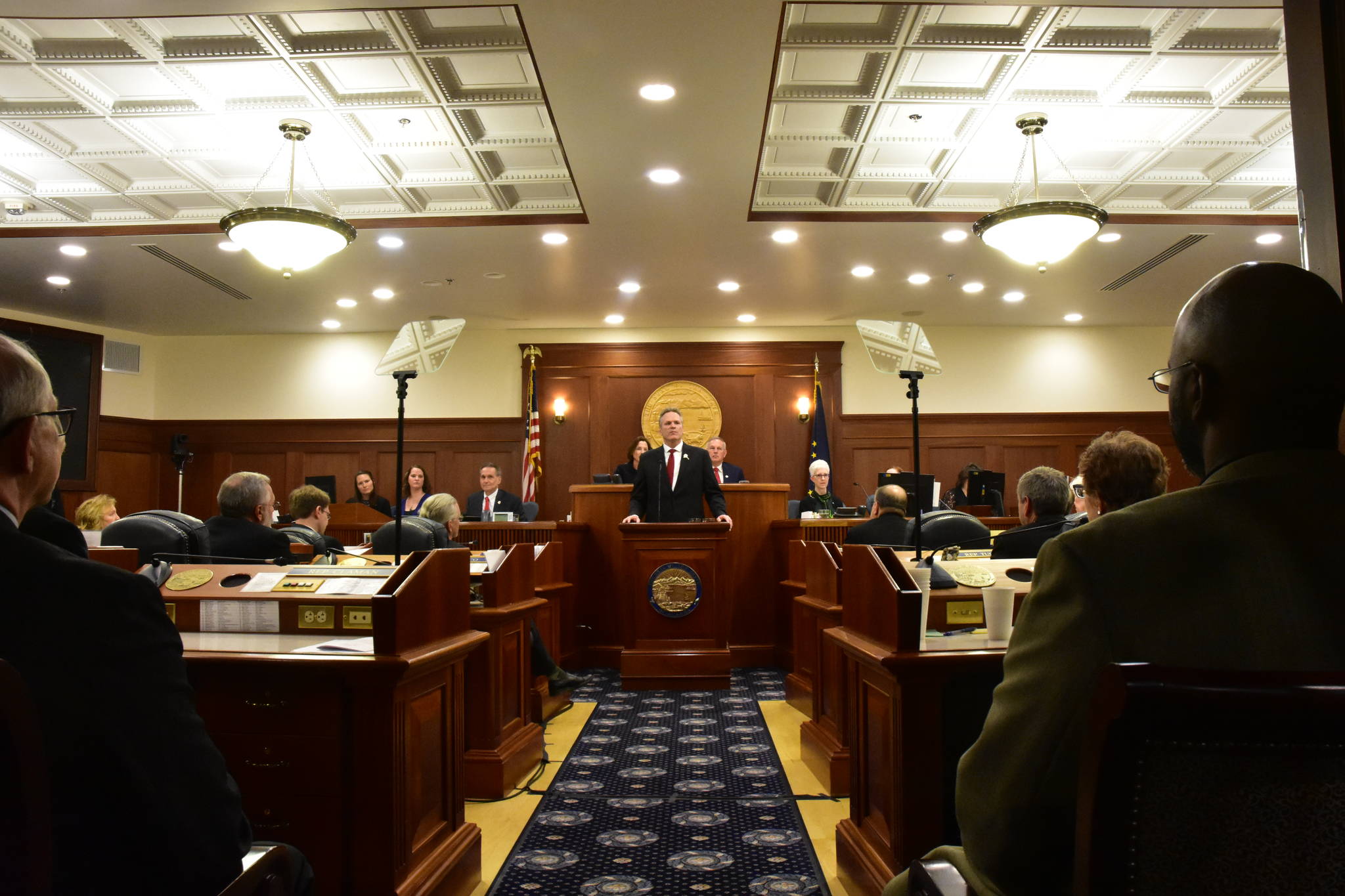 Gov. Mike Dunleavy gives his State of the State address before a joint session of the Alaska Legislature on Monday, Jan. 27, 2020. (Peter Segall | Juneau Empire)