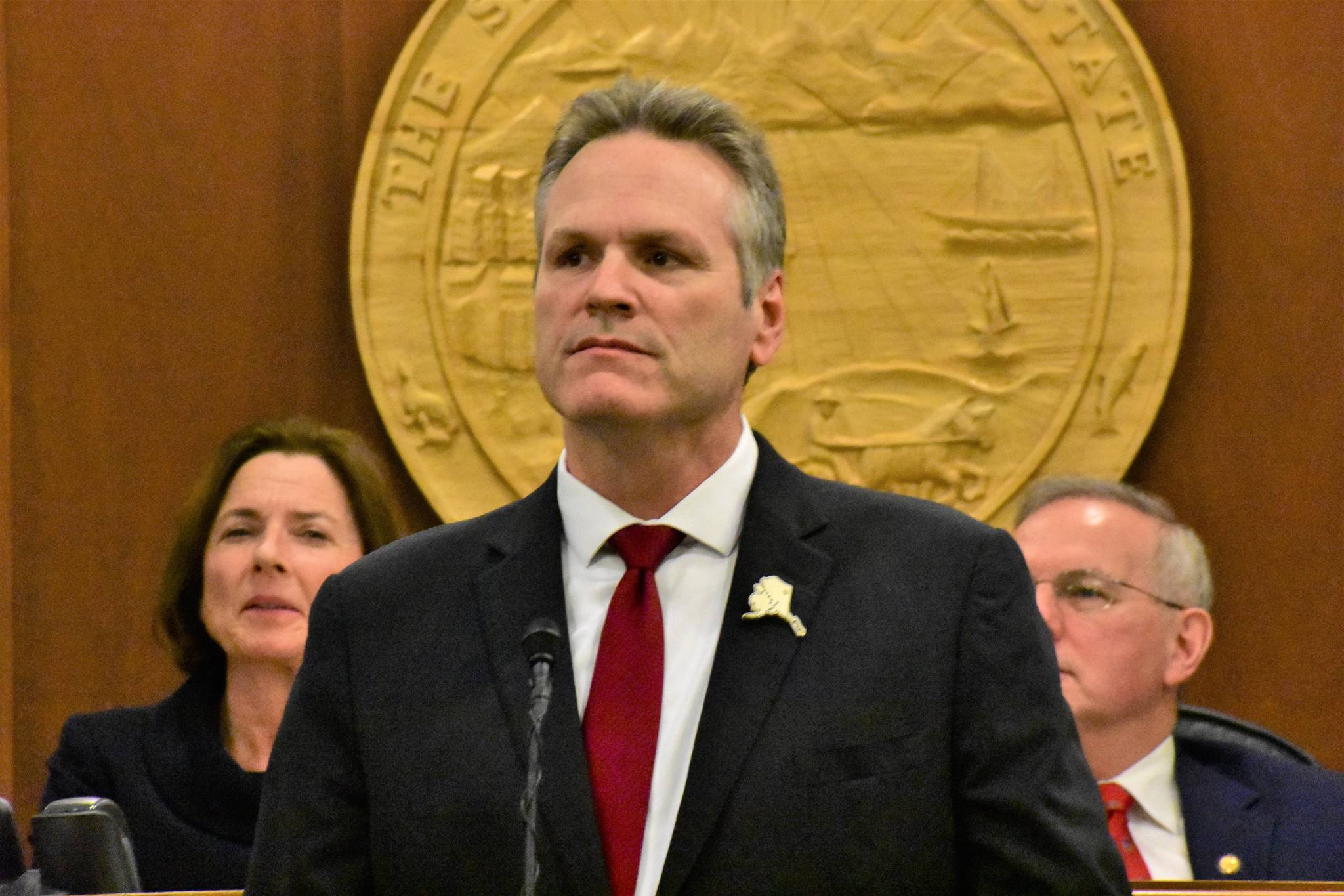 Gov. Mike Dunleavy gives his State of the State address before a joint session of the Alaska Legislature on Monday, Jan. 27, 2020. (Peter Segall | Juneau Empire)
