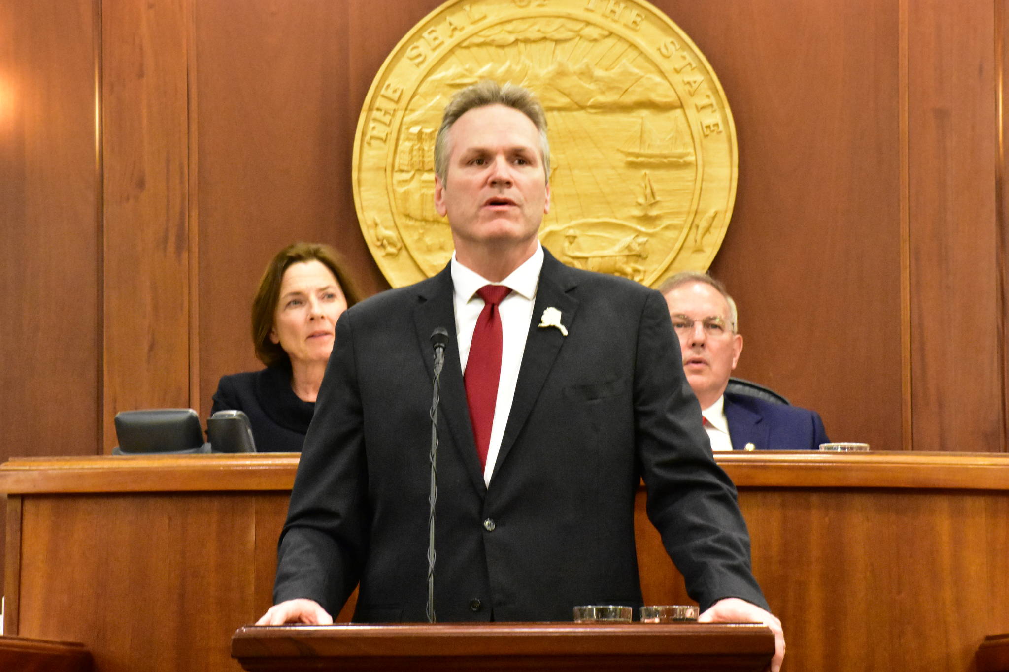 Gov. Mike Dunleavy give his State of the State address to a joint session of the Alaska Legislature on Monday. (Peter Segall | Juneau Empire)