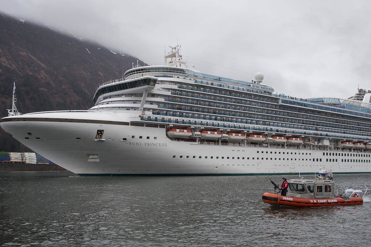 The Ruby Princess is escorted by the U.S. Coast Guard into Juneau downtown harbor on Monday, April 30, 2018. The ship is the first of the season.