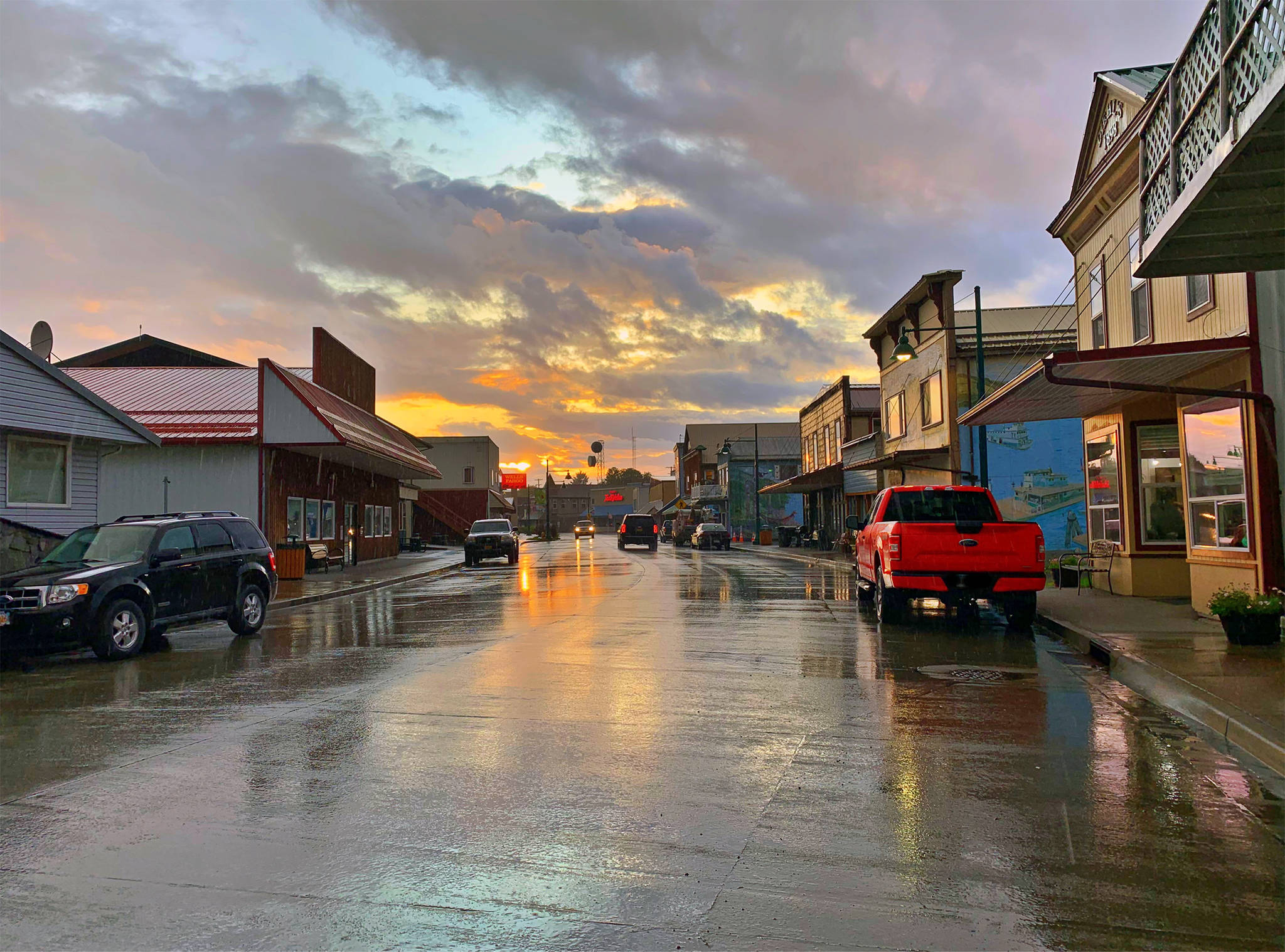 The sun sets on Front Street in Wrangell. (Vivian Faith Prescott | For the Capital City Weekly)