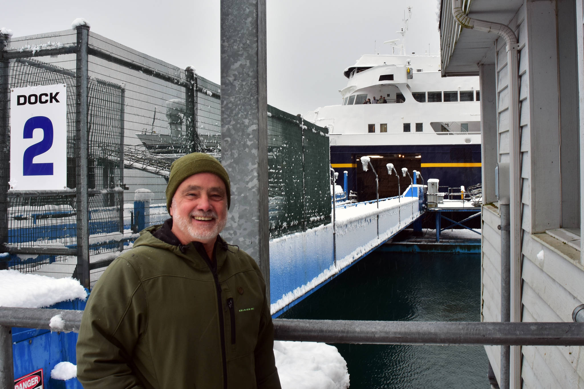 Gerald Stroebele, in front of the FMV Matanuska at Auke Bay Ferry Terminal on Thursday. (Peter Segall | Juneau Empire)