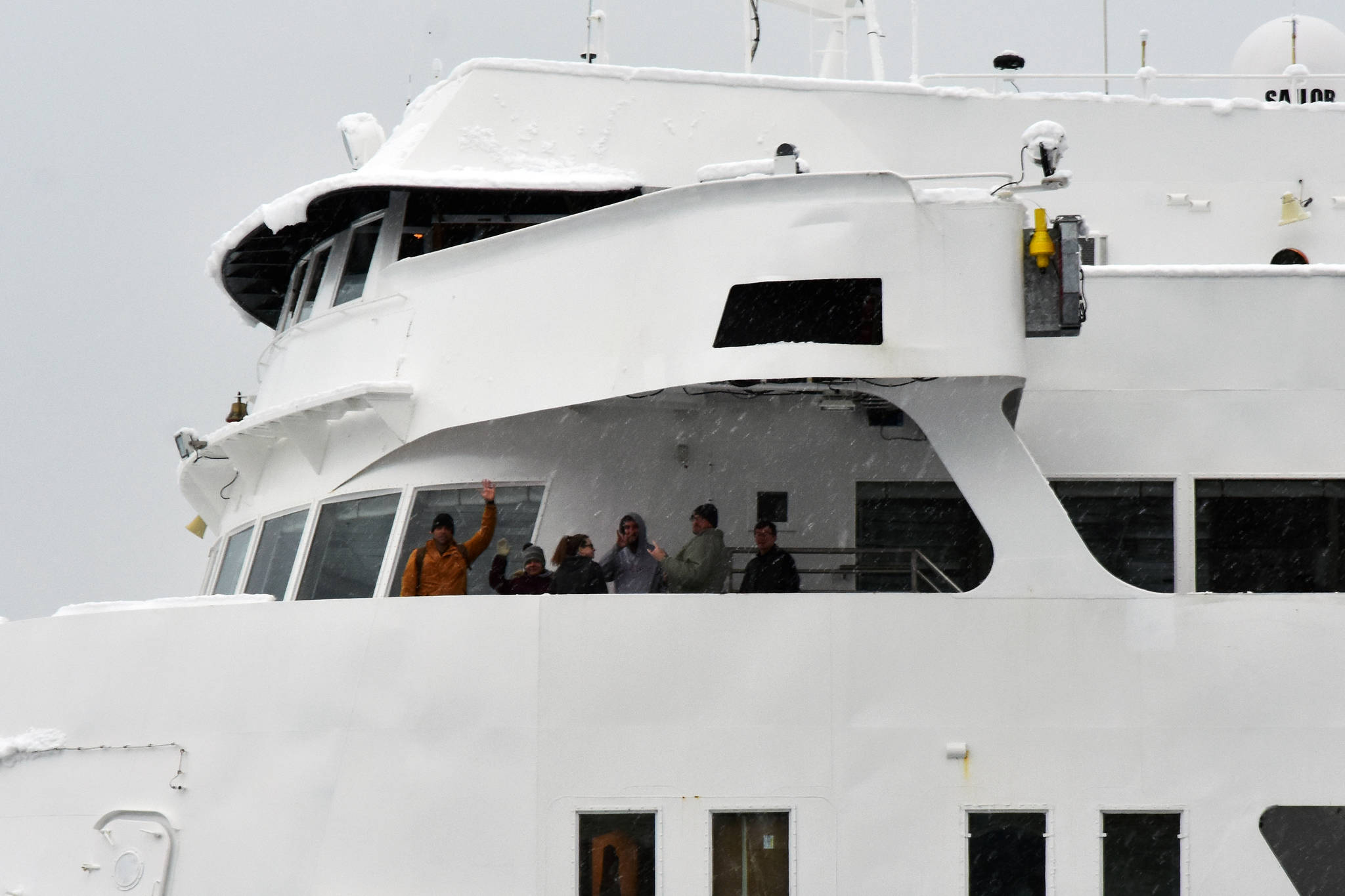 Passengers onboard the FMV Matanuska at Auke Bay Ferry Terminal on Thursday. (Peter Segall | Juneau Empire)