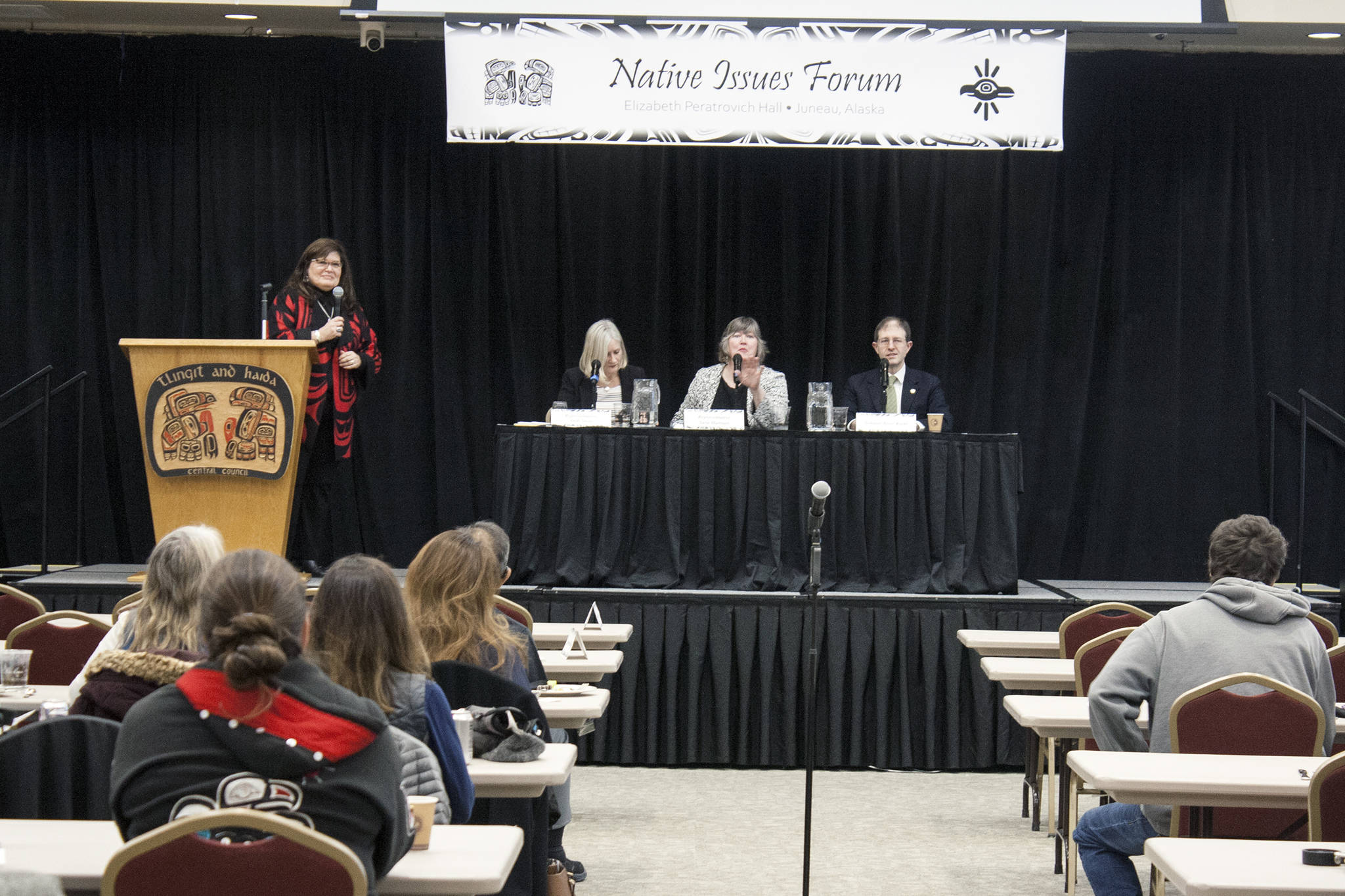 Central Council of Tlingit and Haida Indian Tribes of Alaska 2nd Vice President Jackie Pata introduces Reps. Andi Story and Sara Hannan and Sen. Jesse Kiehl a question during a Native Issues Forum Monday, Feb. 3, 2020, at Elizabeth Peratrovich Hall. (Ben Hohenstatt | Juneau Empire)