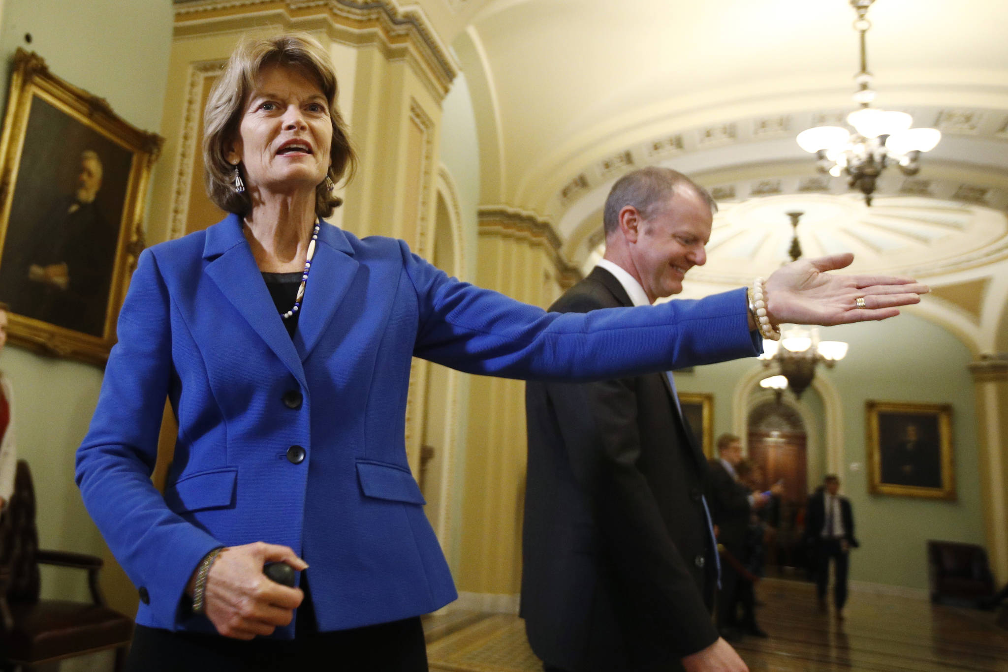 Sen. Lisa Murkowski, R-Alaska, gestures as she leaves the Senate chamber after the vote on witnesses during the impeachment trial of President Donald Trump at the U.S. Capitol Friday, Jan. 31 in Washington. The Senate rejected the idea of summoning witnesses for President Donald Trump’s impeachment trial late Friday, all but ensuring his acquittal. (AP Photo | Steve Helber)