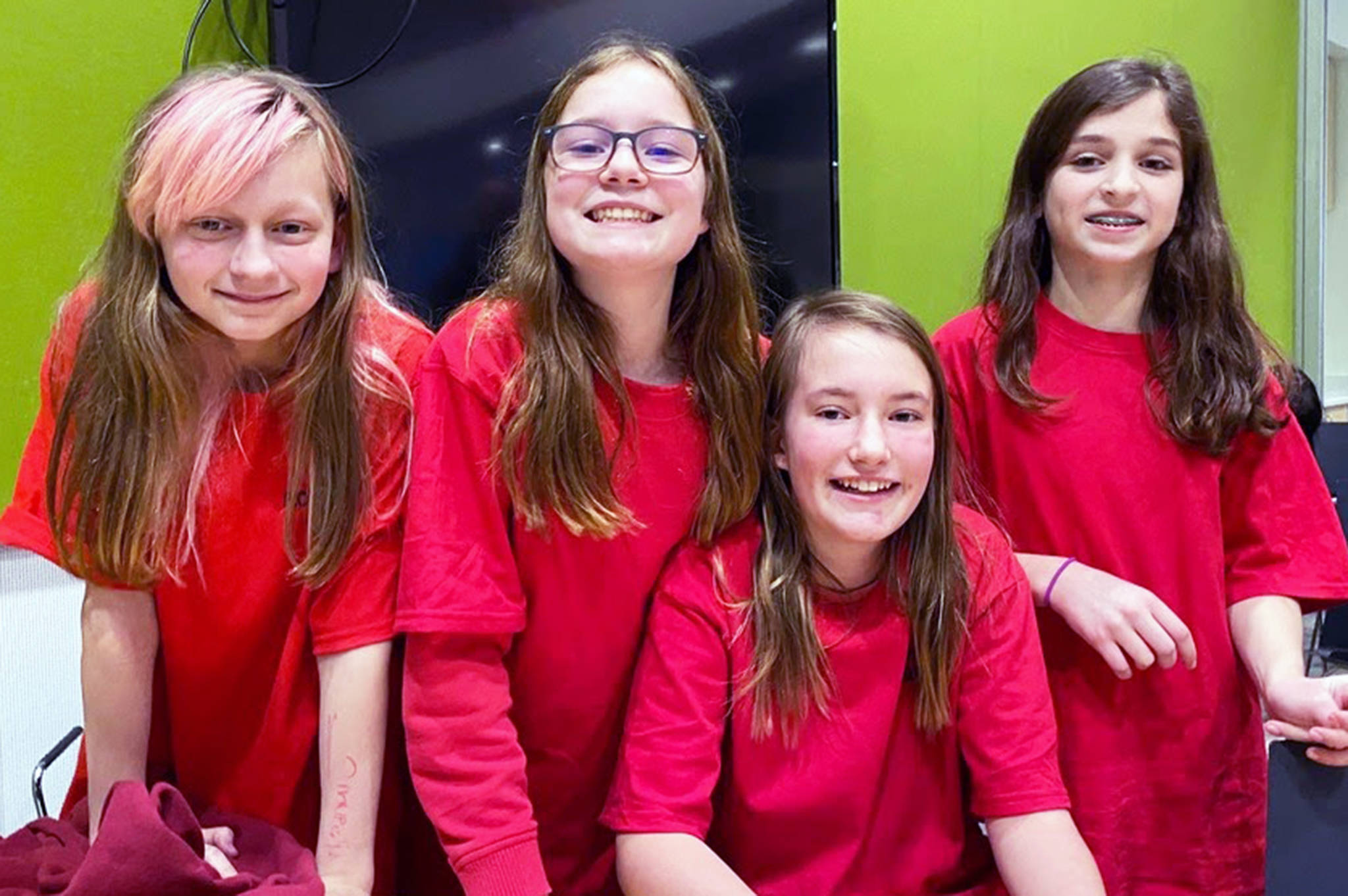 Members of the Floyd Dryden Middle School Battle of the Books team Amelia Walker, Della Mearig, Miranda Stichert and Anberlin Tingey earned a perfect score at Wednesday’s Battle of the Books battle at the Mendenhall Valley Public library. (Courtesy photo)