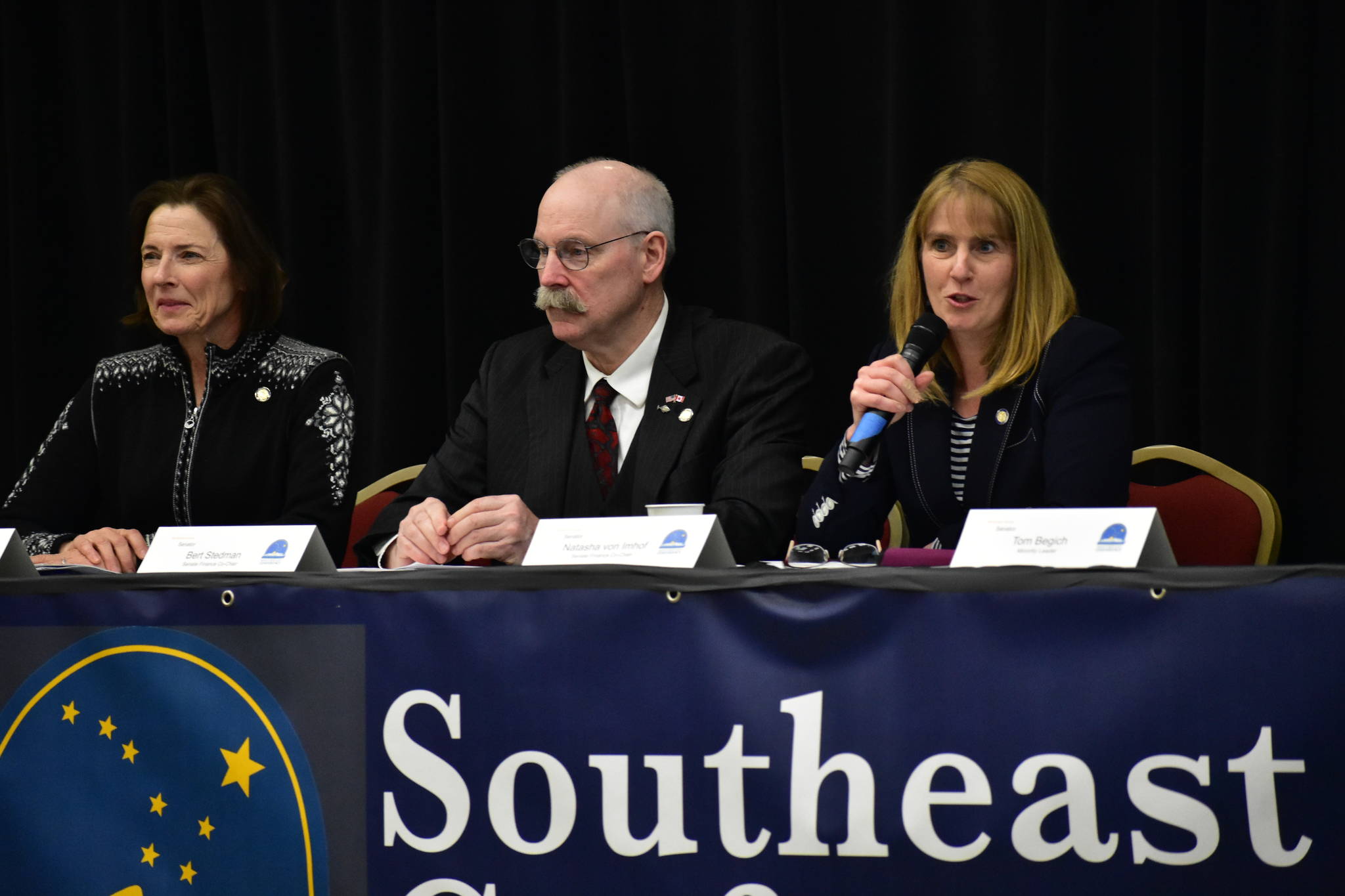 From left to right: Senate President Cathy Giessel, R-Anchorage, Sen. Bert Stedman, R-Sitka and Sen. Natasha Von Imhof, R-Anchorage, speak at the Southeast Conference mis-session summit at Elizabeth Peratovich Hall on Tuesday, Feb. 4, 2020. (Peter Segall |Juneau Empire)