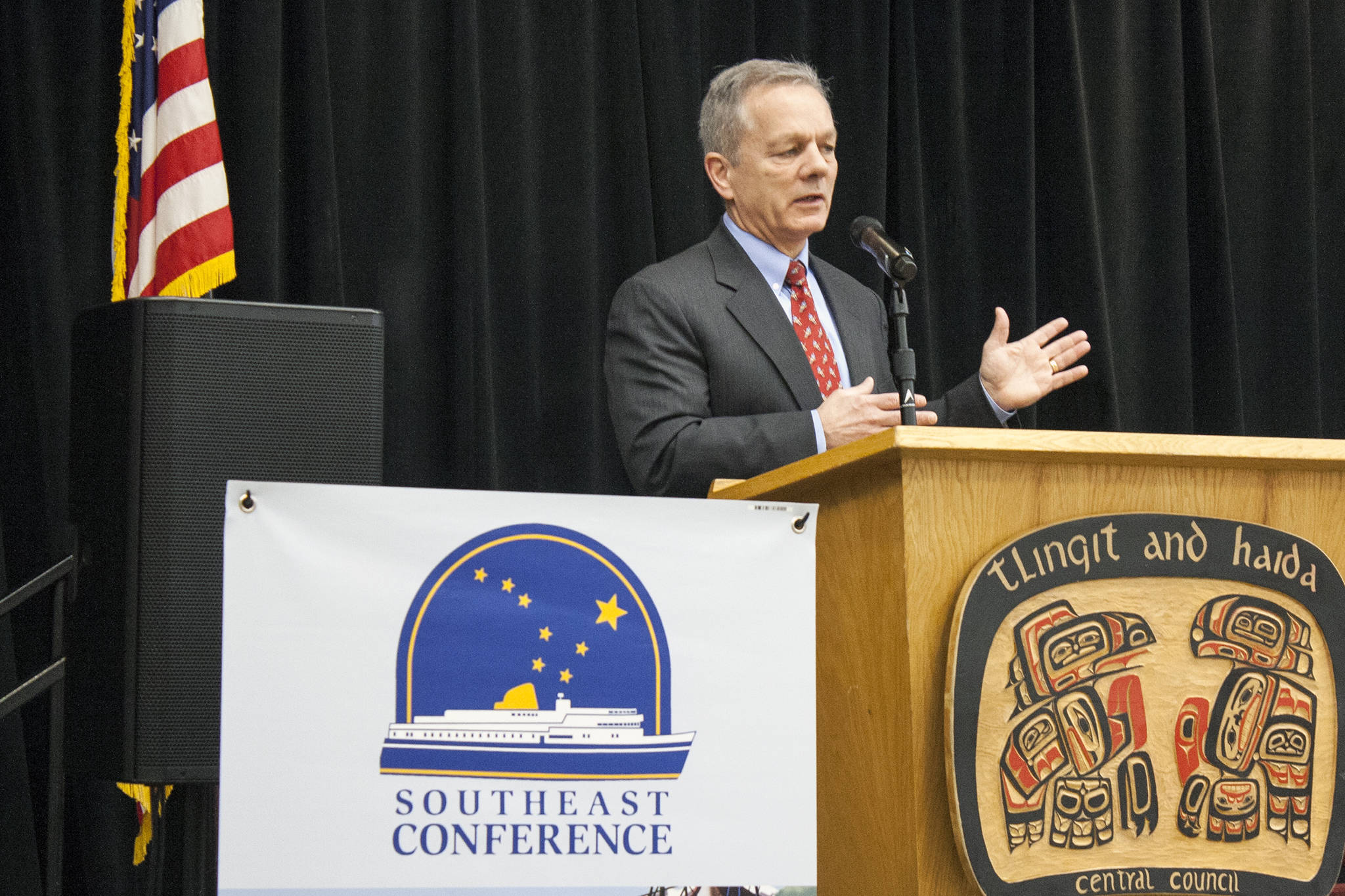 Gov. Mike Dunleavy’s Chief of Staff Ben Stevens speaks during the Southeast Conference Mid-Session Summit Tuesday at Elizabeth Peratrovich Hall. (Ben Hohenstatt | Juneau Empire)