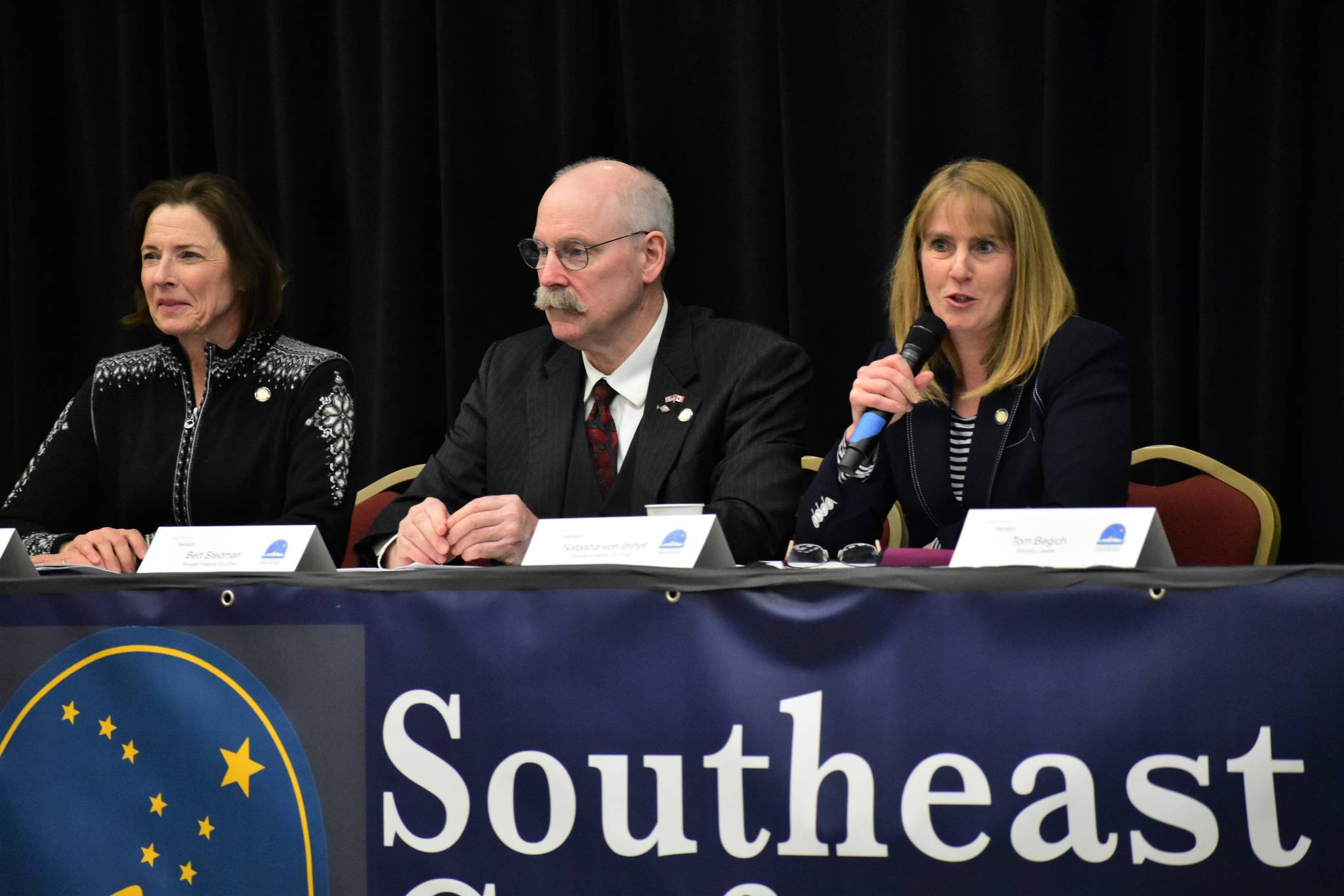 From left, Senate President Cathy Giessel, R-Anchorage, Sen. Bert Stedman, R-Sitka and Sen. Natasha Von Imhof, R-Anchorage, speak at the Southeast Conference mid-session summit at Elizabeth Peratovich Hall on Tuesday. (Peter Segall |Juneau Empire)