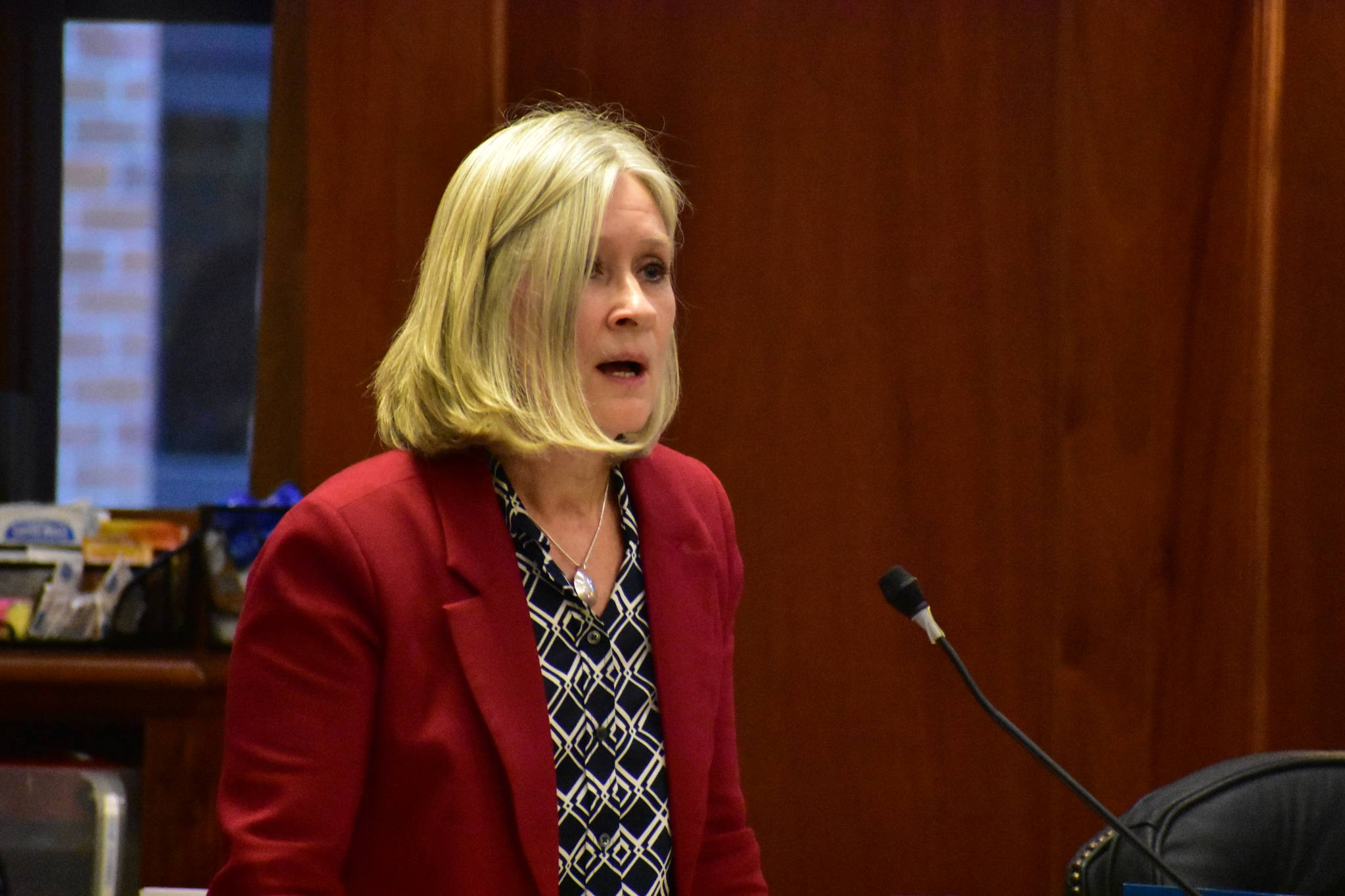 Rep. Andi Story, D-Juneau, speaks in support of a bill which she co-sponsored which would expedite lease renewals for maritime agriculture on Wednesday, Feb. 5, 2020. (Peter Segall | Juneau Empire)