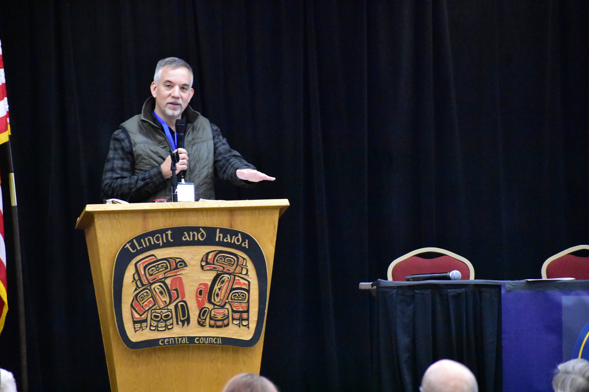 Howard Sherman, executive vice president of onboard revenue and destination services for Norwegian Cruise Lines speaks at the Southeast Conference Mid-Session Conference at Elizabeth Peratovich Hall on Wednesday, Feb. 5, 2020. (Peter Segall | Juneau Empire)