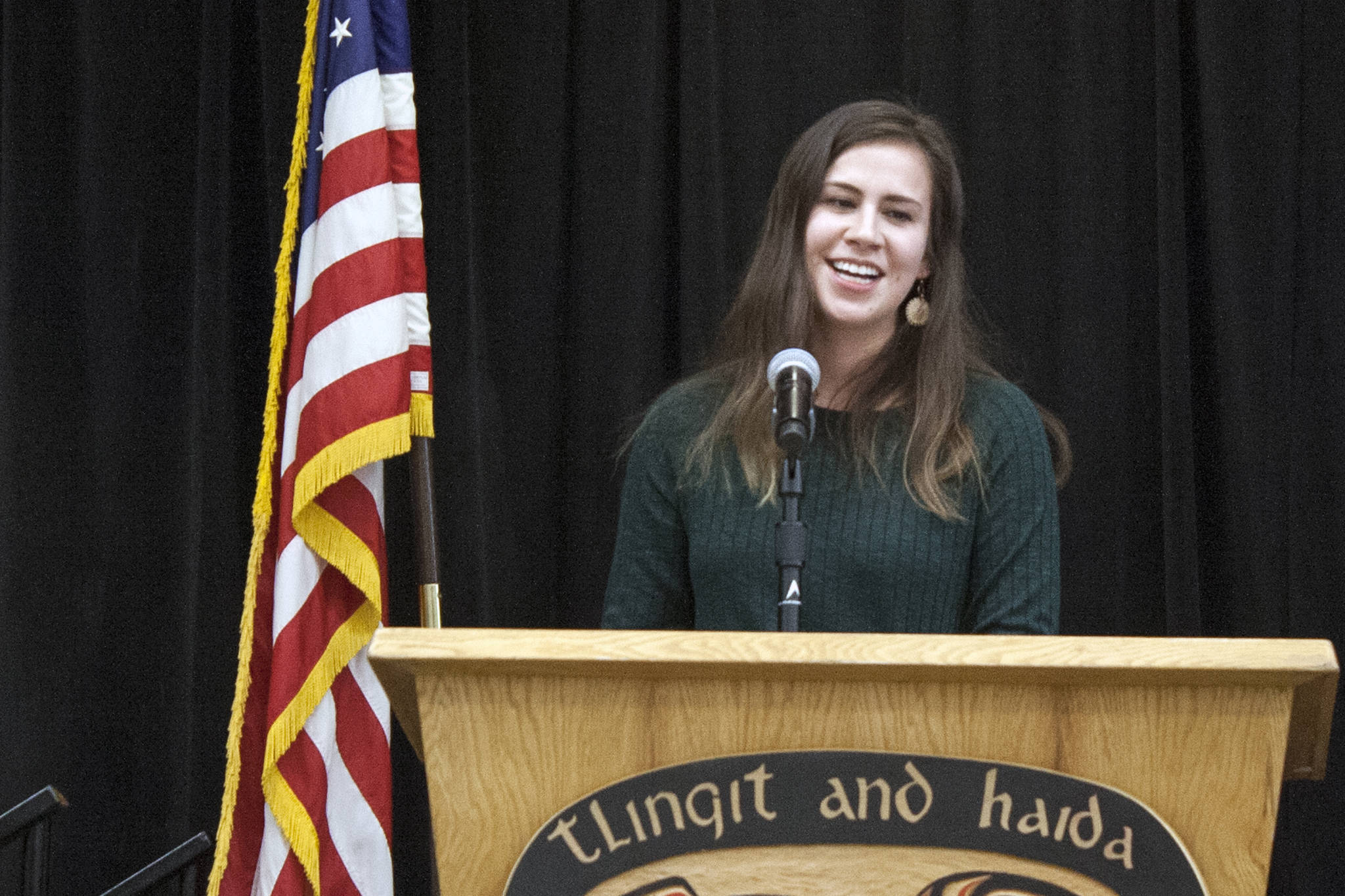 Village Coffee Company owner Justyne Wheeler of Yakutat gives a speech following the announcement that her business was one of the 2019 Path to Prosperity winners. The distinction comes with a $25,000 prize. (Ben Hohenstatt | Juneau Empire)