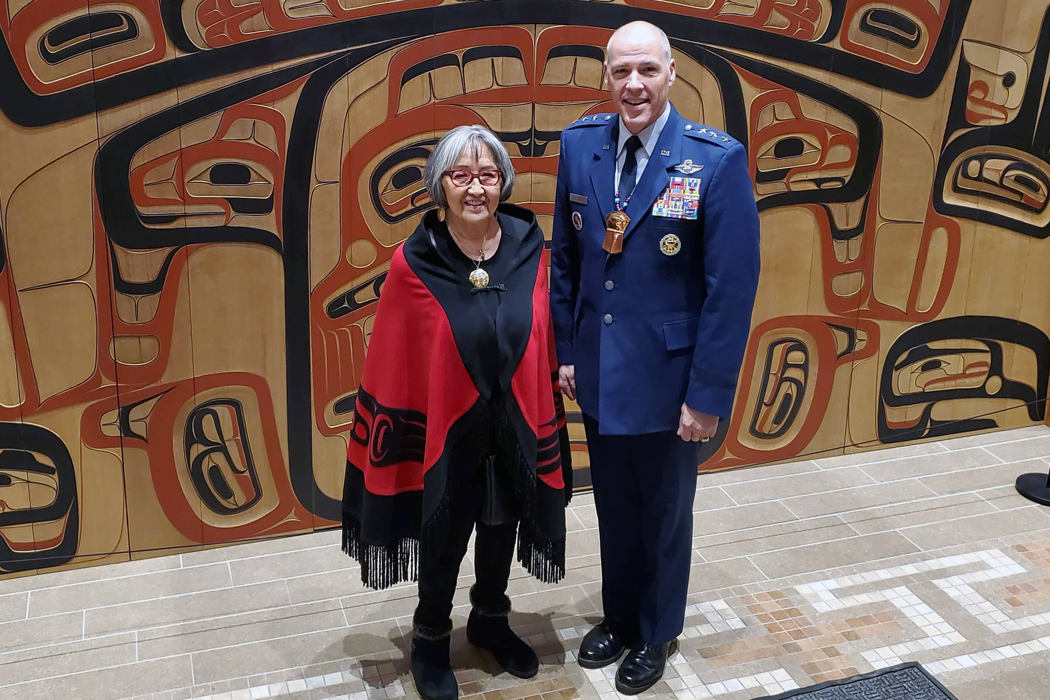 Sealaska Heritage Institute President Rosita Worl and Air Force Lt. Gen. Tom Bussiere, Commander for Alaskan Command, stand together following a day of meetings at SHI’s Walter Soboleff Building. Bussiere met with tribal leaders as well as clan leaders from three Southeast Alaska villages that were bombarded by the military in the 1800s. The meetings were the start of a process that could lead to public acknowledgments or apologies for the events. (Ben Hohenstatt | Juneau Empire)