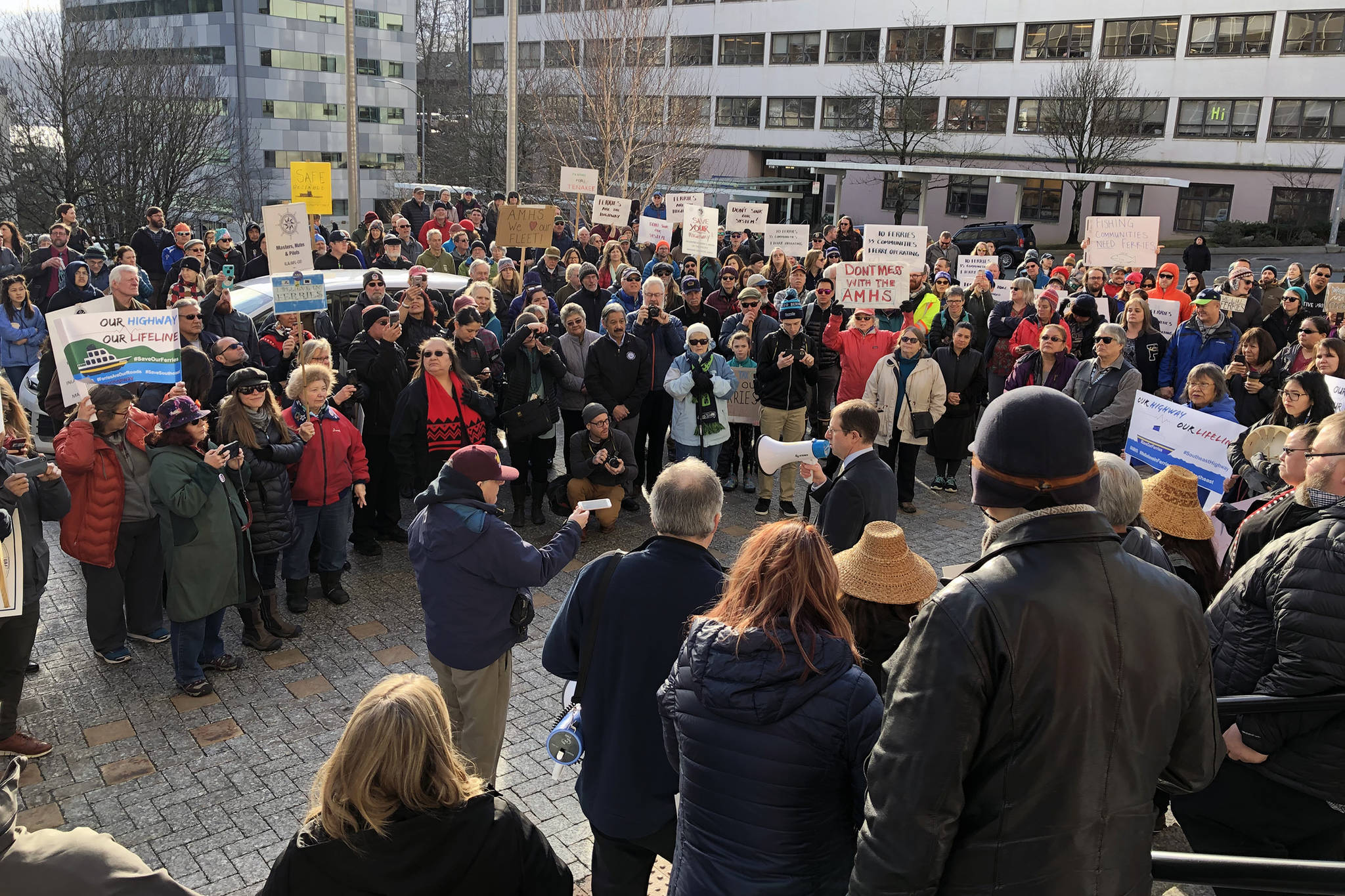 Ferry supporters gather across the street from the Alaska State Capitol for a rally on Tuesday, Feb. 11, 2020. (Peter Segall | Juneau Empire)