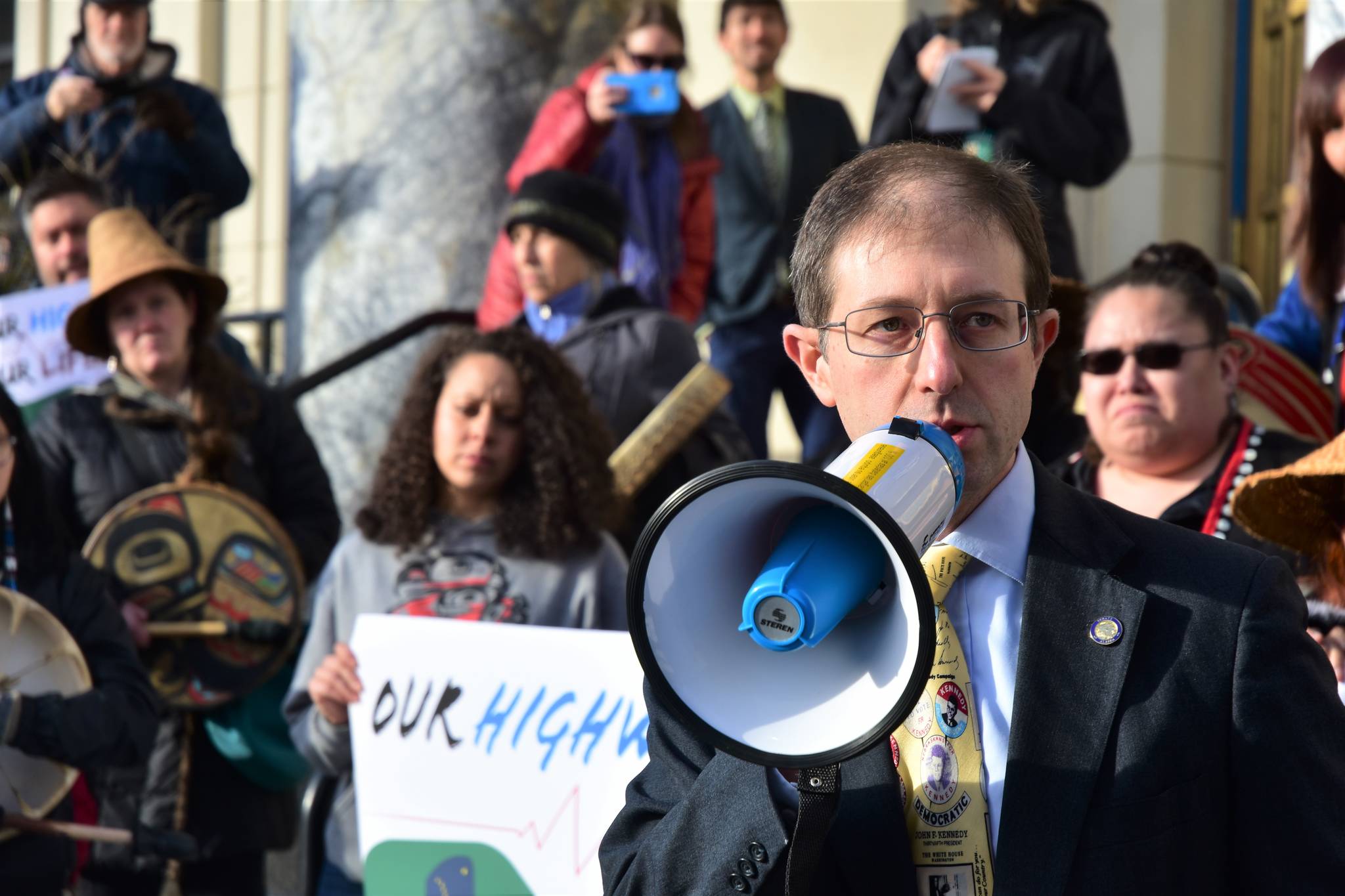 Sen. Jesse Kiehl, D-Juneau, speaks to the crowd at a rally to support of the Alaska Marine Highway System on Tuesday, Feb. 11, 2020. (Peter Segall | Juneau Empire)