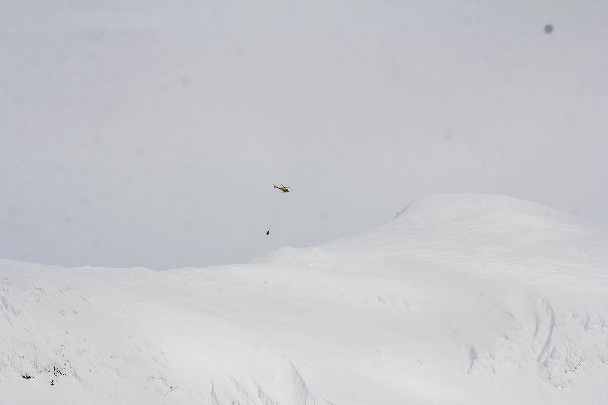 The Alaska Department of Transportation uses the DaisyBell device to precisely trigger controlled avalanches above Thane Road, reducing the chances of a catastrophic natural avalanche, Feb. 11, 2020. (Michael S. Lockett | Juneau Empire)