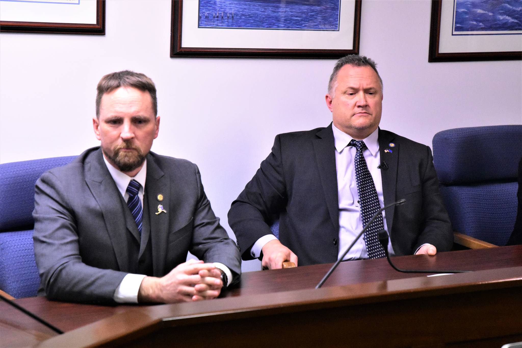 Sen. Mike Shower, R-Wasilla, and Rep. Ben Carpenter, R-Nikiski, at a press conference on Wednesday, Feb. 12, 2020. (Peter Segall | Juneau Empire)