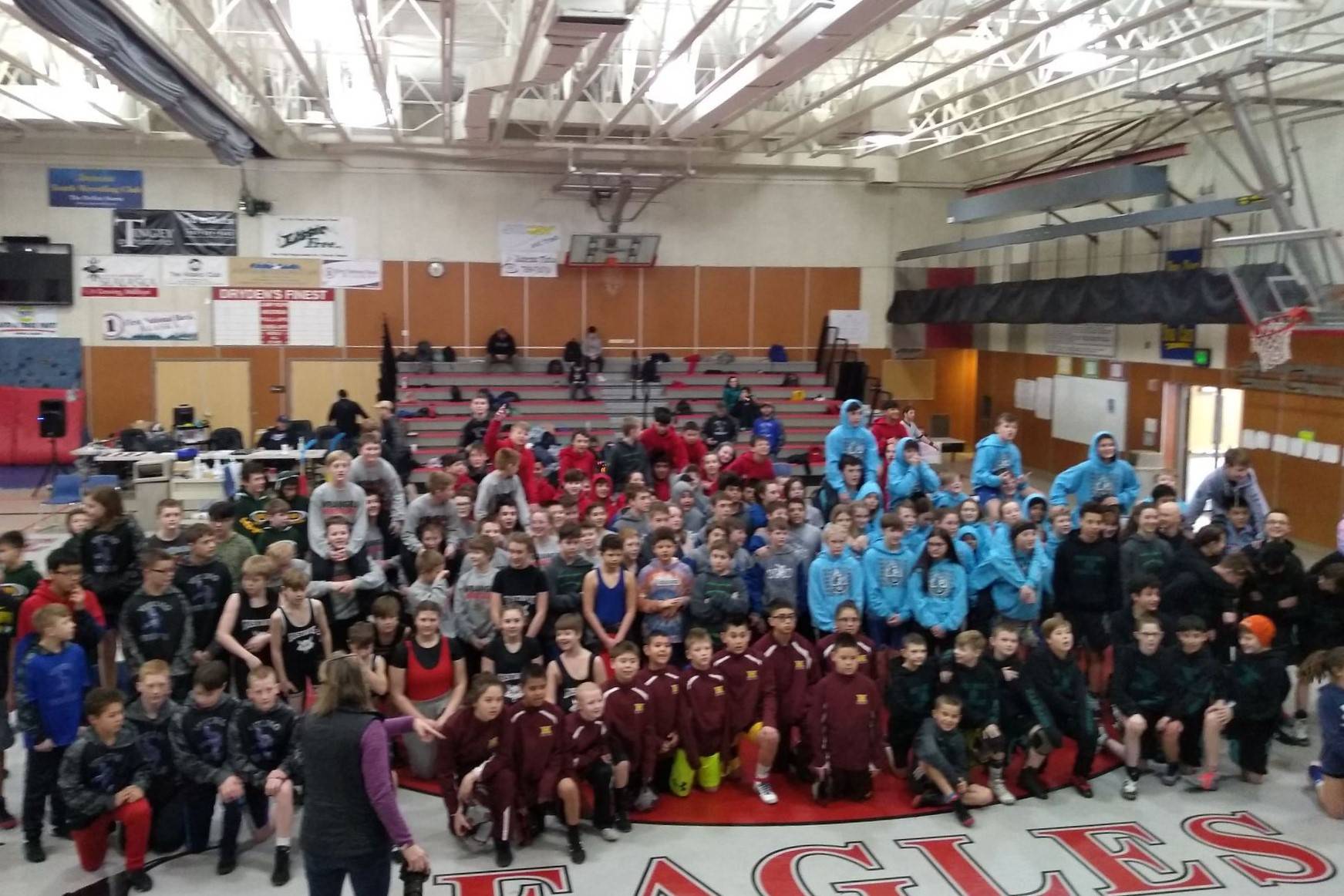 Wrestlers from across Southeast Alaska in the gym at Floyd Dryden Middle School for the Southeast Alaska Middle School Wrestling Tournament on Saturday, Feb. 15, 2020. (Courtesy photo | Ken Brown)