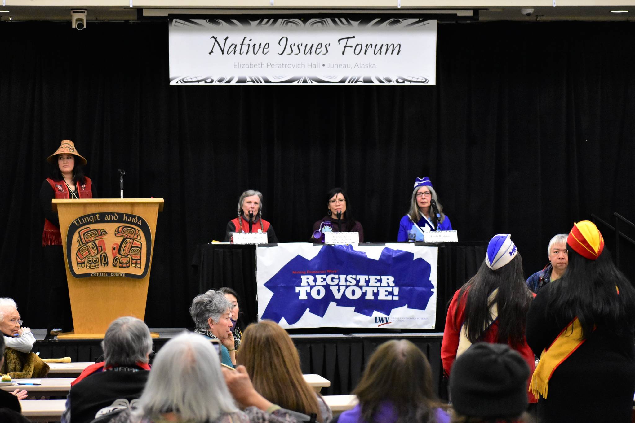 The panel at the Native Issues Forum at Elizabeth Peratrovich Hall on Monday. (Peter Segall | Juneau Empire)