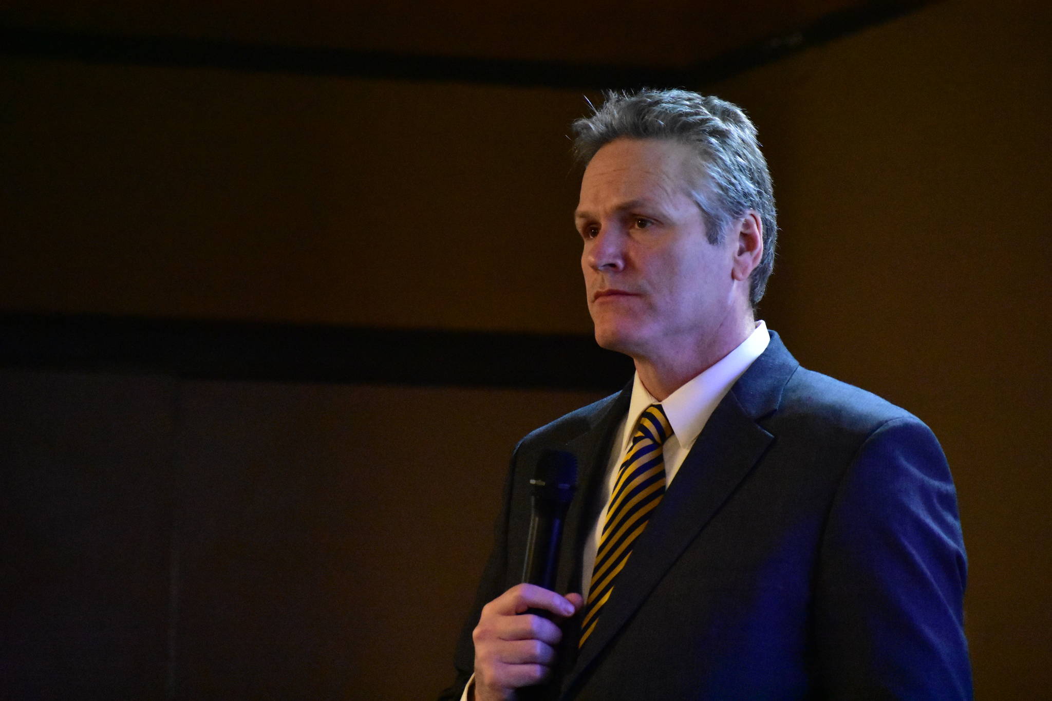Gov. Mike Dunleavy speaks to local leaders at the Alaska Municipal League’s legislative conference at the Baranof Hotel on Thursday. (Peter Segall | Juneau Empire)