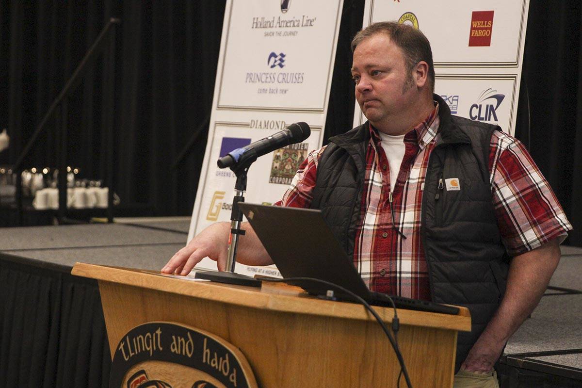 Michael S. Lockett | Juneau Empire                                Eric Vance, manager of the Capitol Disposal Landfill, speaks at the Chamber of Commerce luncheon held in Elizabeth Peratrovich Hall on Thursday.