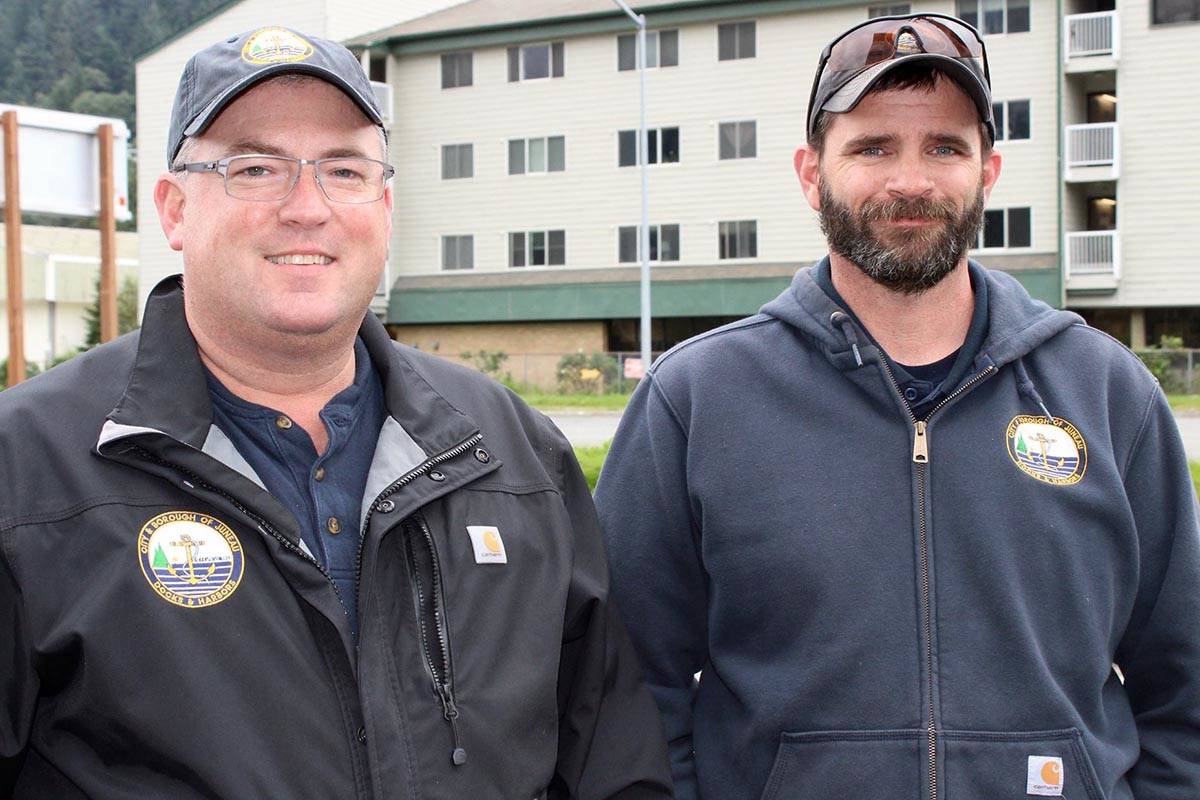 Outgoing City and Borough of Juneau Docks and Harbors harbormaster Dave Borg, right, poses with incoming harbormaster Matt Creswell. (Courtesy photo | City and Borough of Juneau)