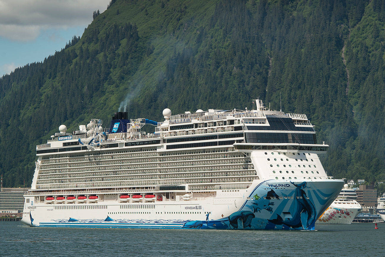 The Norwegian Bliss pulls out of Juneau’s downtown harbor on June 12, 2018. Juneau Empire file photo