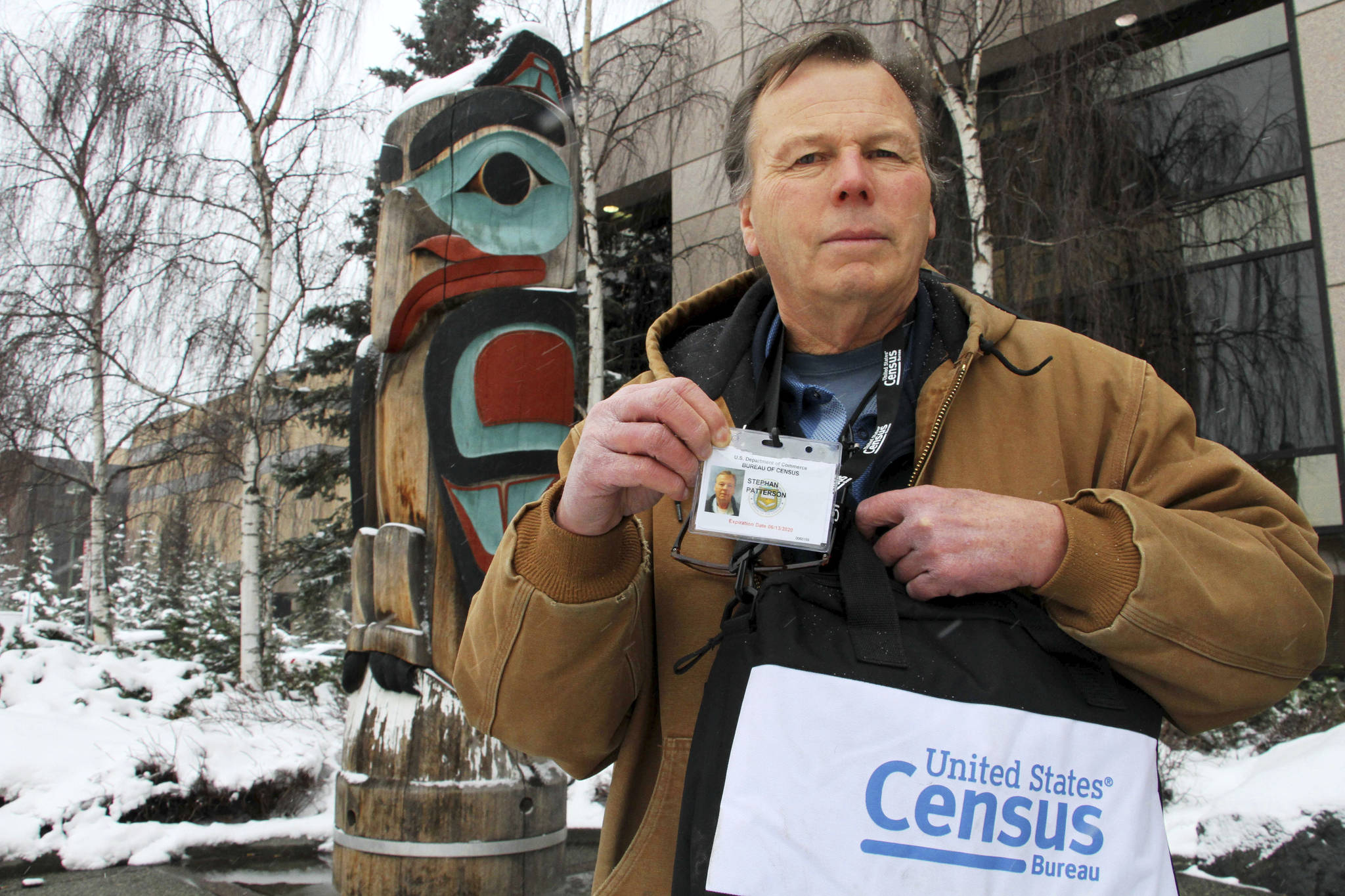 Mark Thiessen| Associated press                                 Stephan Patterson poses for a photo in Anchorage on Feb. 21. Patterson and other U.S. Census takers are reporting problems when conducting first-in-the-nation counts in rural parts of Alaska, including lack of communication about assignments, frustration with a smartphone app for filing time sheets and disappointment when they find out they are not being reimbursed for purchasing cold-weather gear.