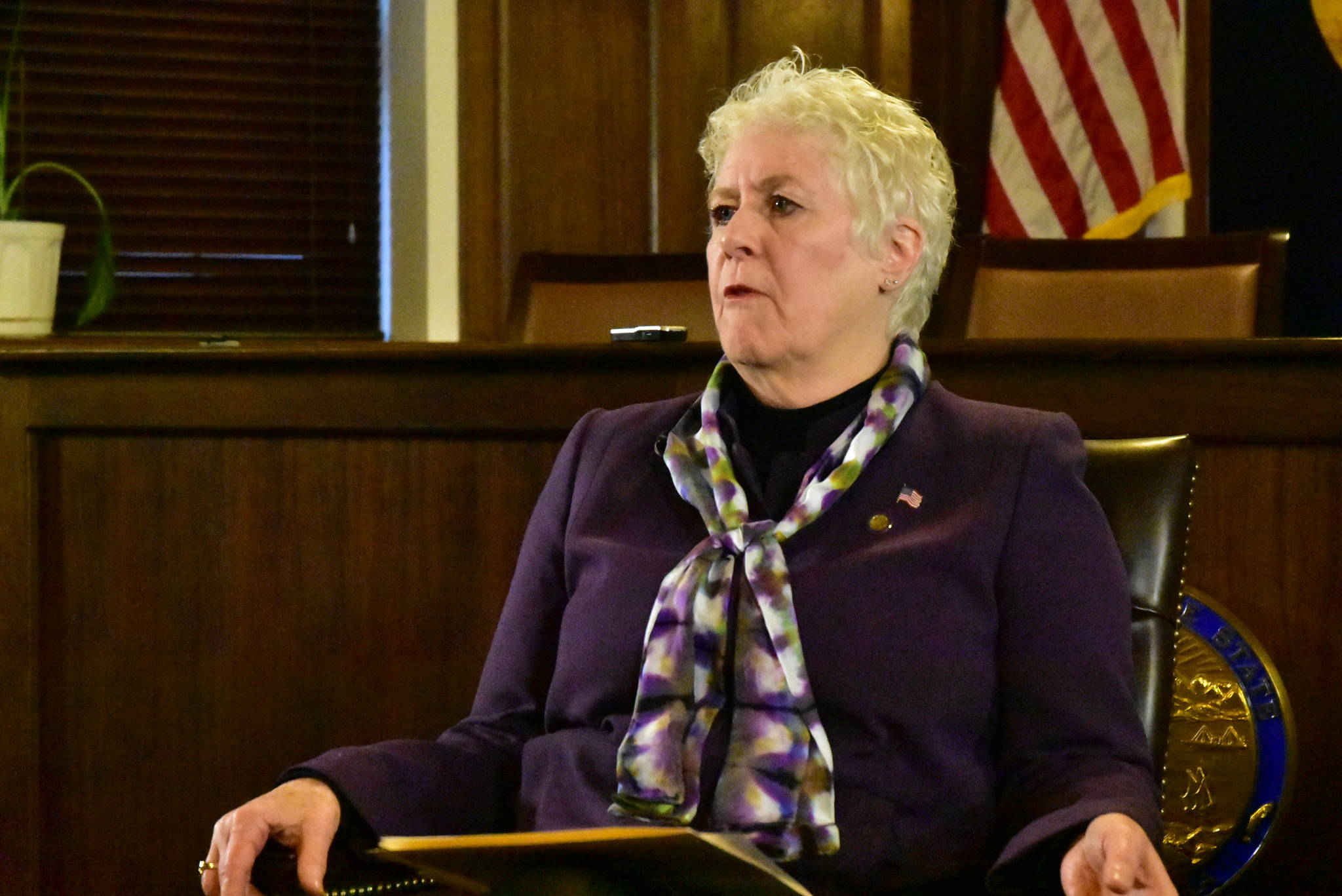 Rep. Louise Stutes, R-Kodiak, meets with reporters in the House Speakers Chambers at the Alaska State Capitol on Monday, Mar. 2, 2020. (Peter Segall | Juneau Empire)