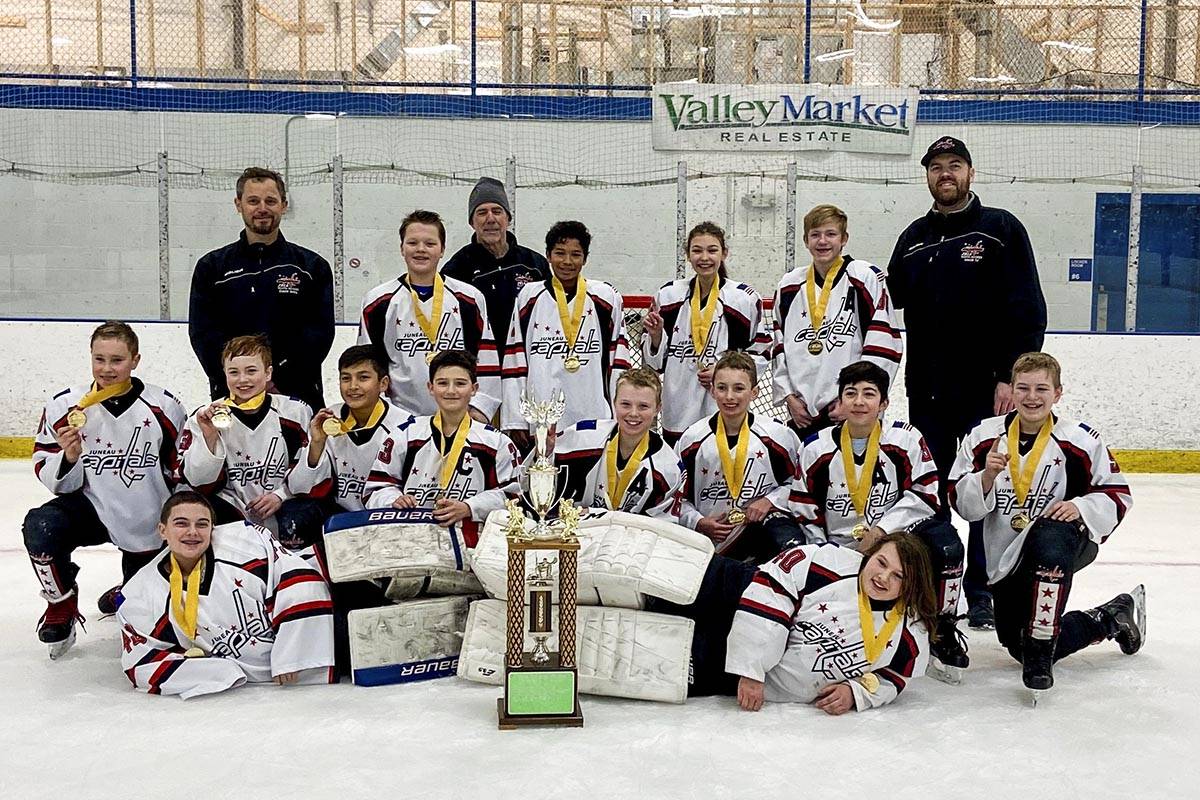 The Juneau Capitals U12 team won their state championships, winning six matches over three days and culminating in a 7-1 win over Homer on March 2, 2020. (Courtesy photo | Charity Platt)