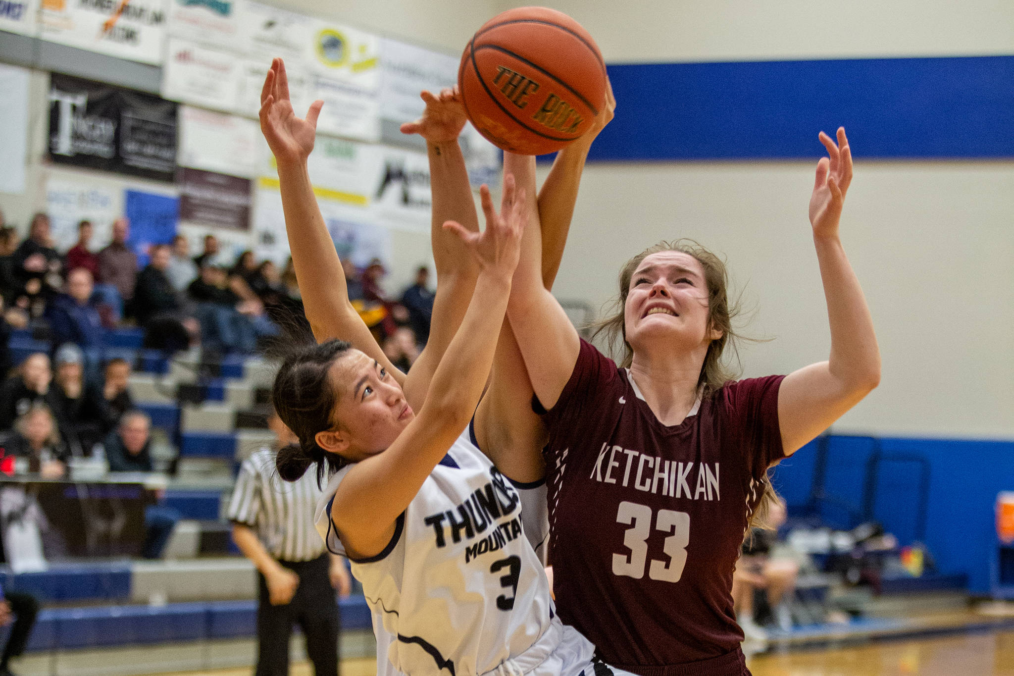 Thunder Mountain High School’s Mary Neal Garcia battles for a ball against Ketchikan. (Courtesy Photo | Heather Holt)